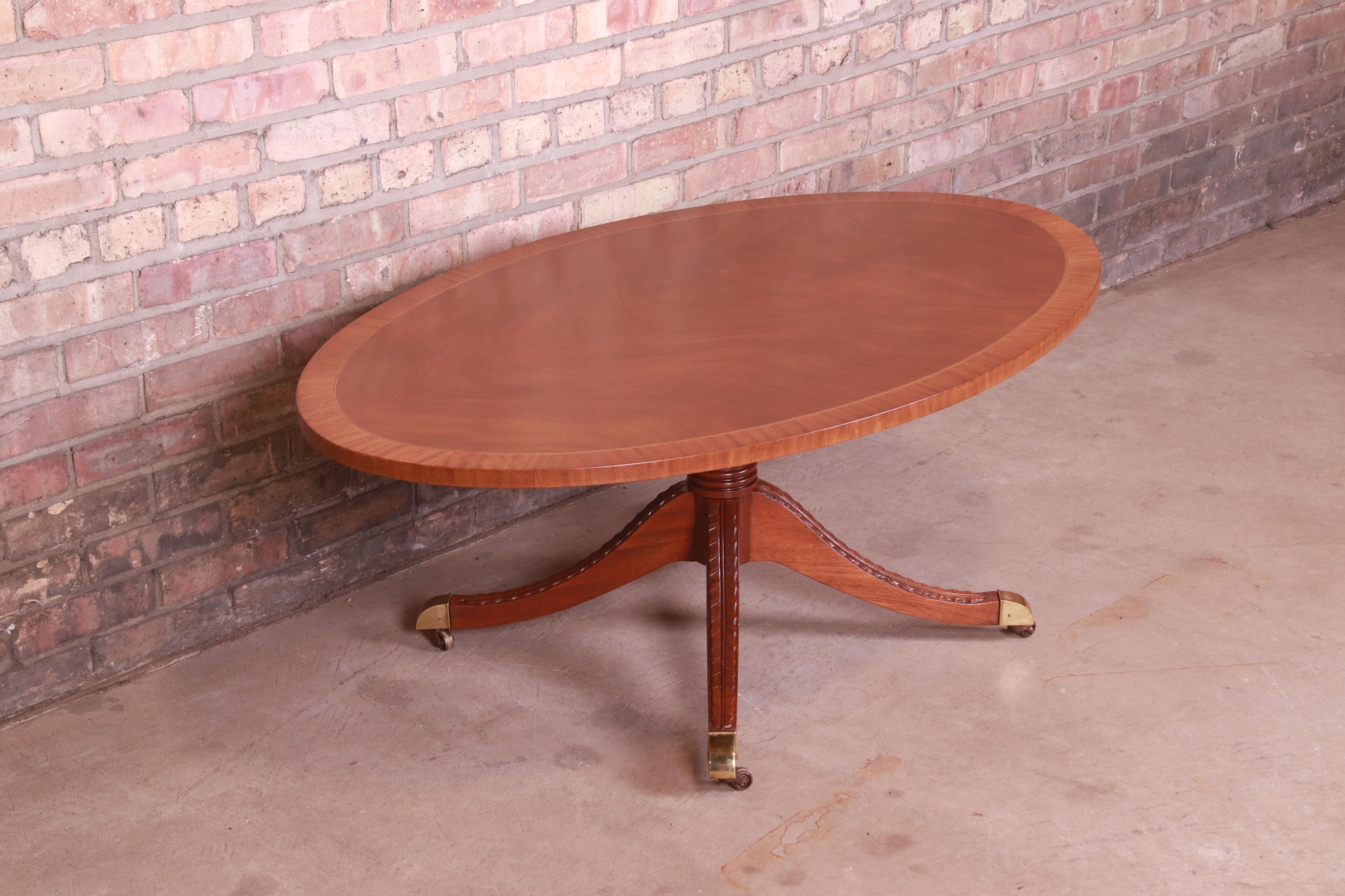 20th Century Kindel Furniture Regency Banded Mahogany Pedestal Coffee Table, Newly Refinished