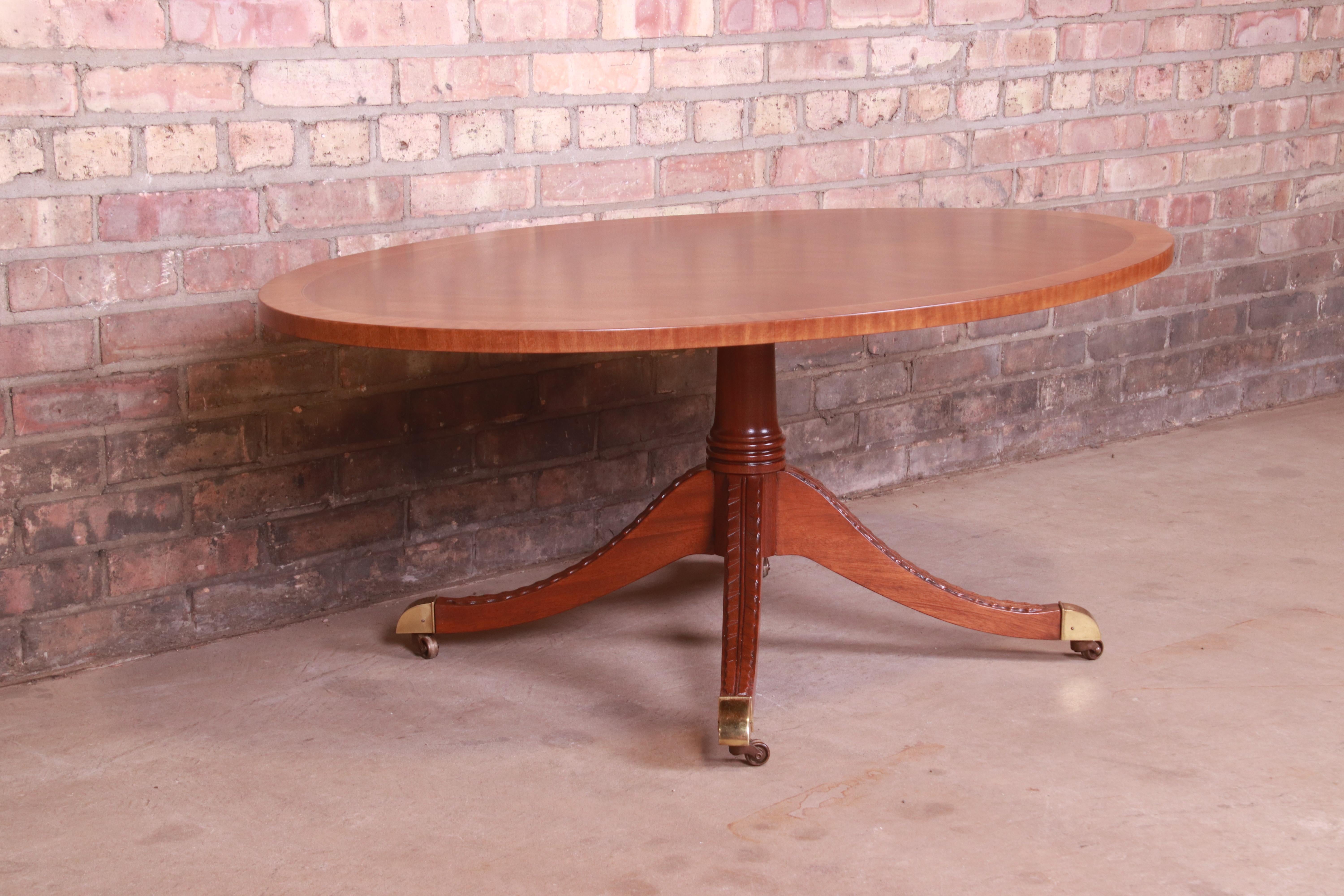 Brass Kindel Furniture Regency Banded Mahogany Pedestal Coffee Table, Newly Refinished