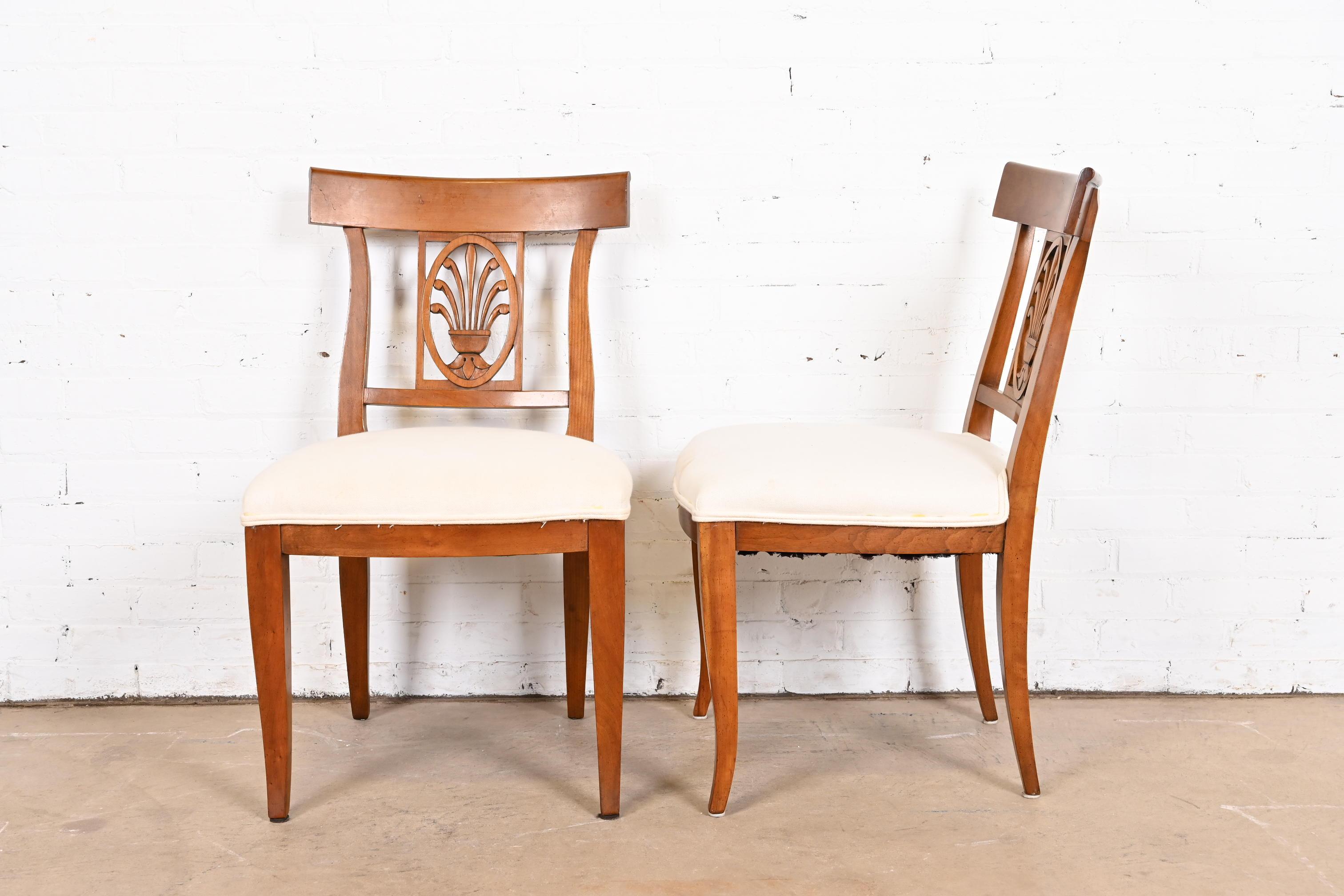 Upholstery Kindel Furniture Regency Carved Fruitwood Dining Chairs, Set of Four For Sale