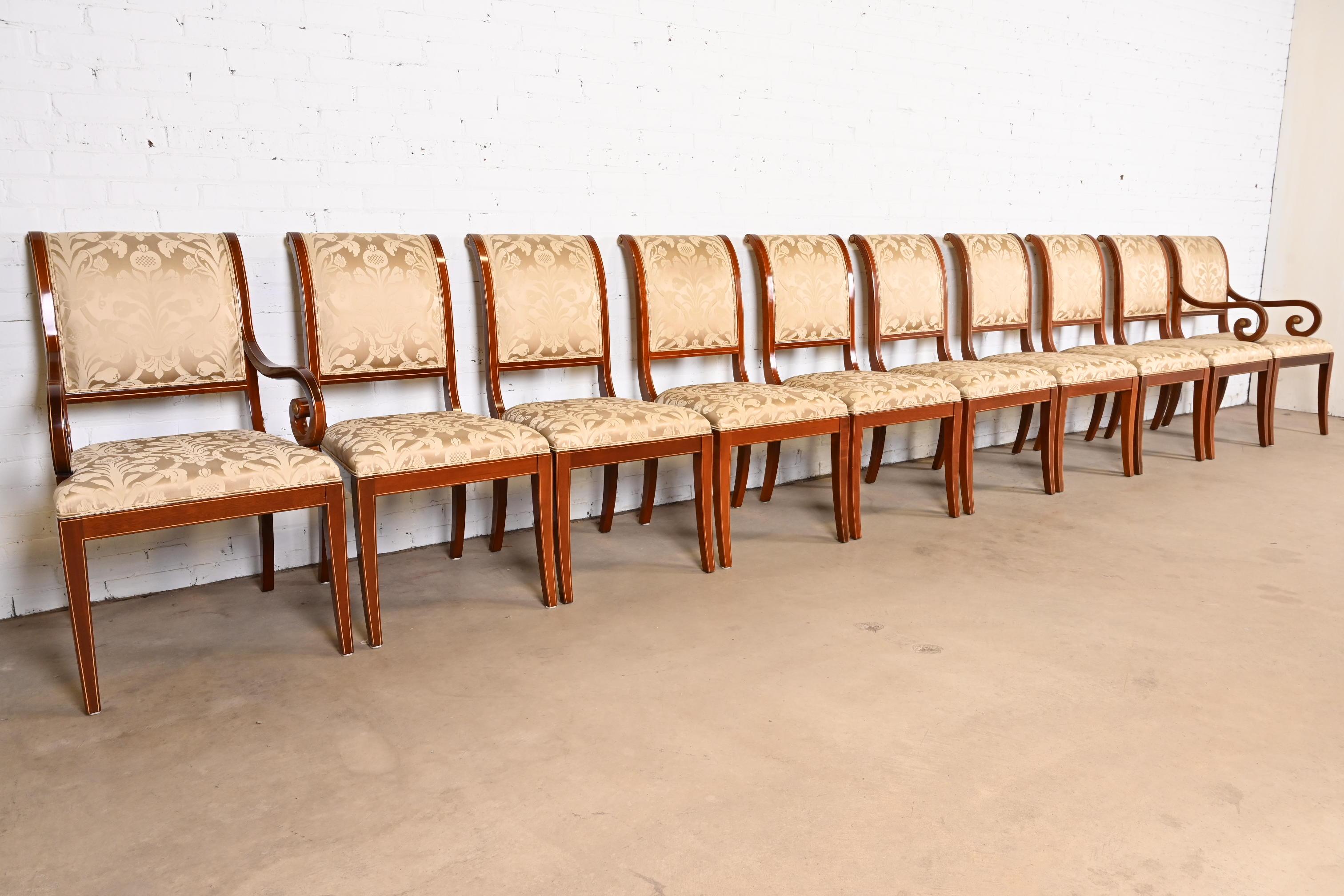 Upholstery Kindel Furniture Regency Carved Mahogany and Gold Gilt Dining Chairs, Set of Ten