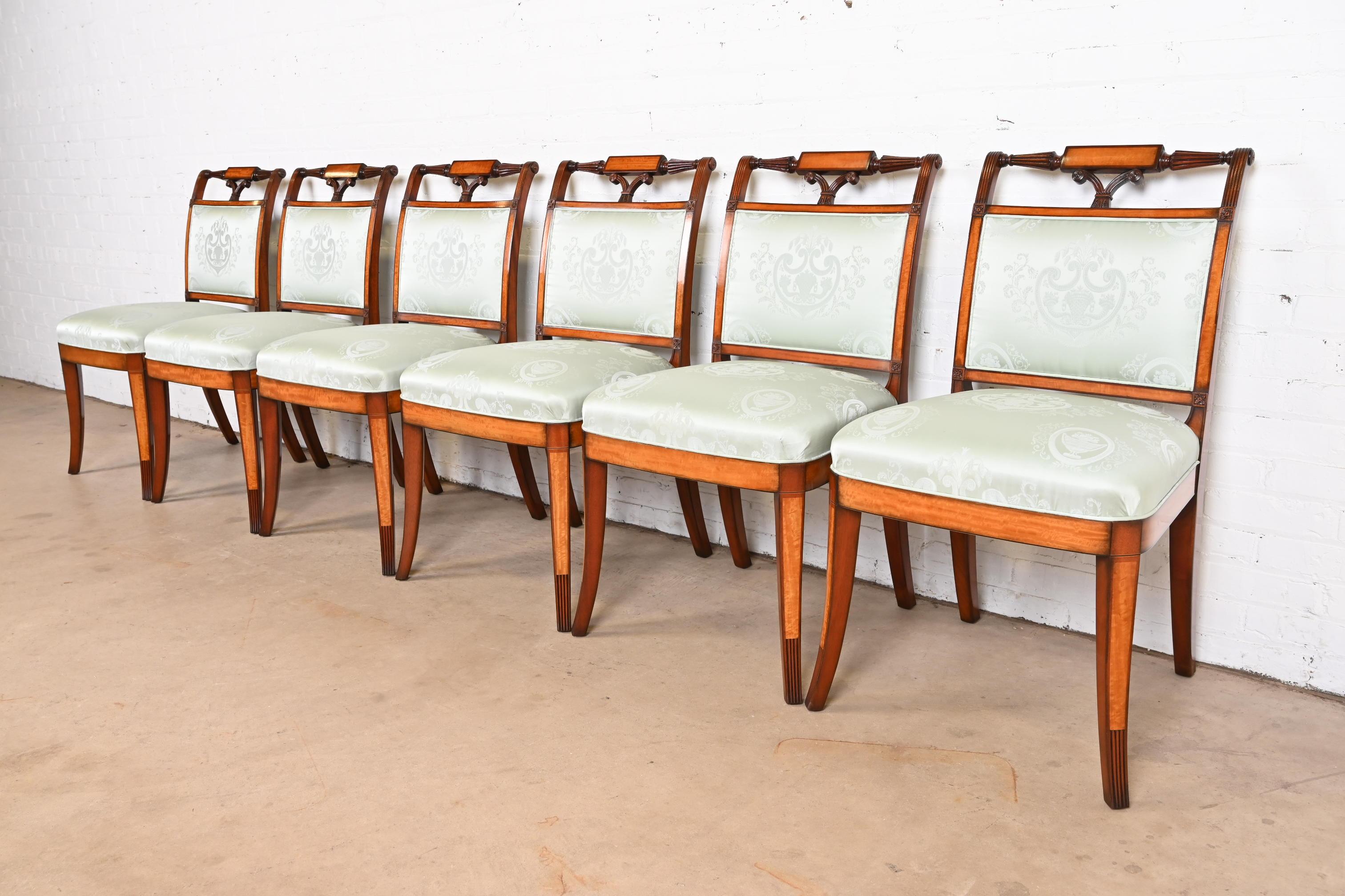 American Kindel Furniture Regency Carved Mahogany and Satinwood Dining Chairs, Set of Six