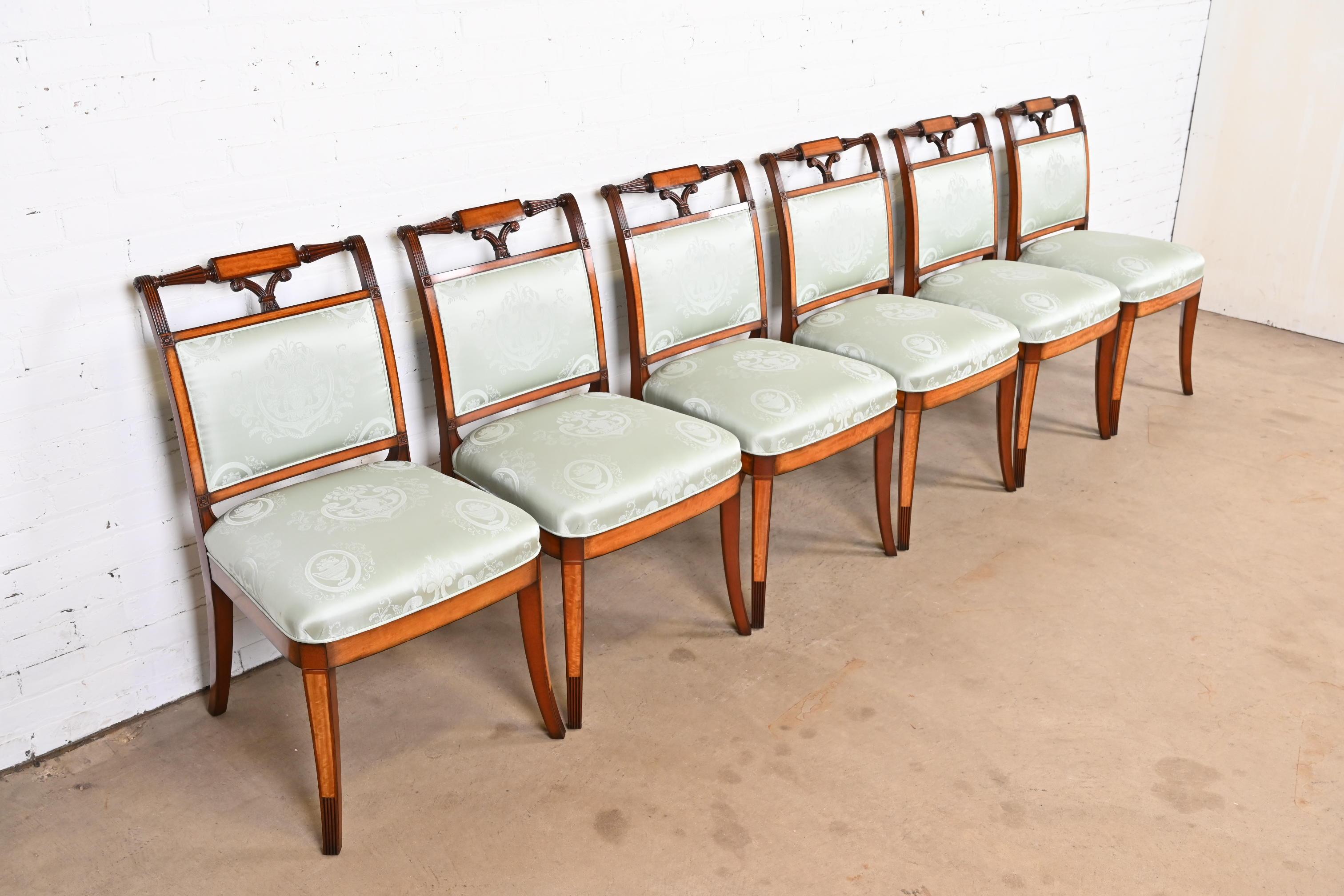 20th Century Kindel Furniture Regency Carved Mahogany and Satinwood Dining Chairs, Set of Six