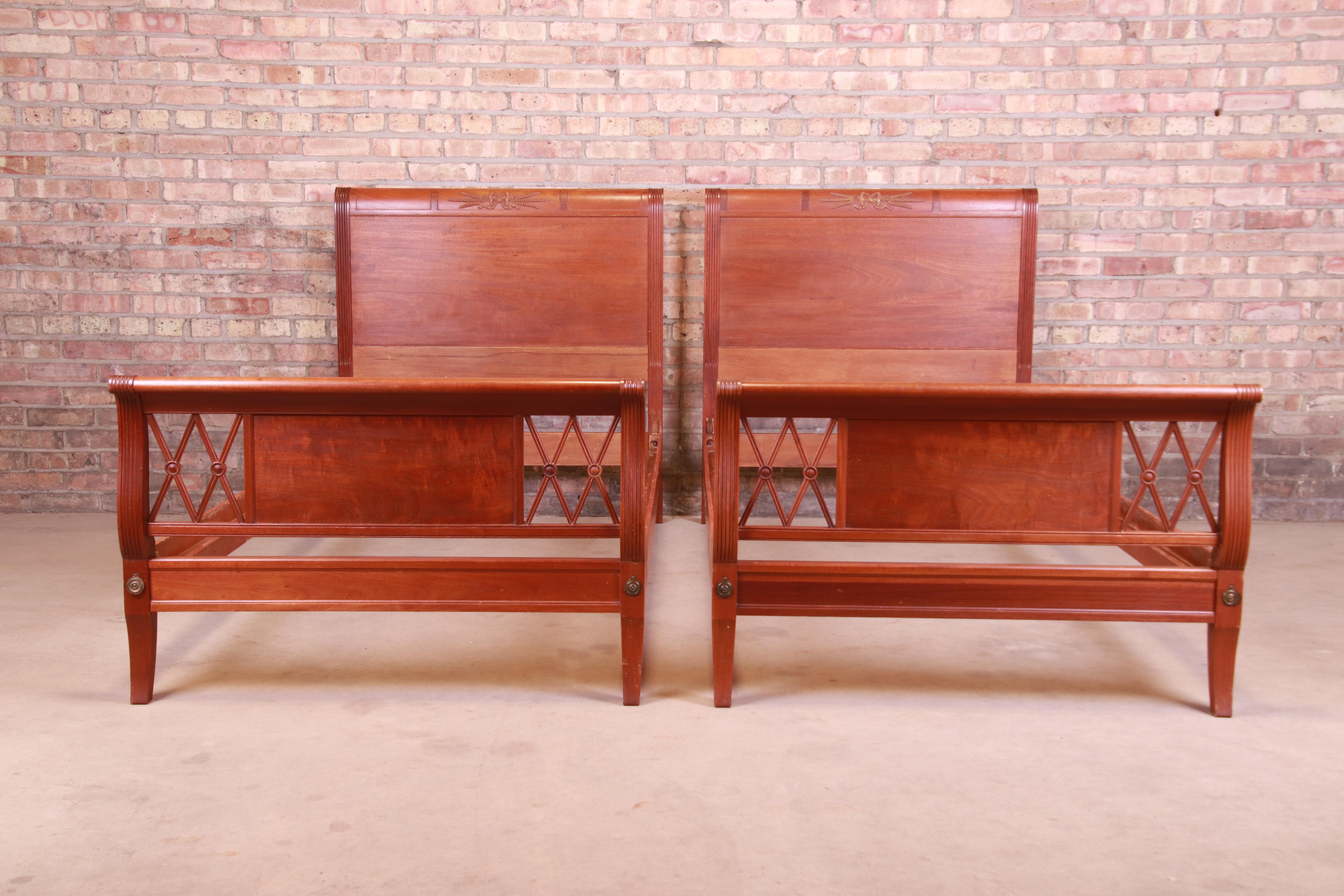 American Kindel Furniture Regency Carved Mahogany Twin Beds, Pair