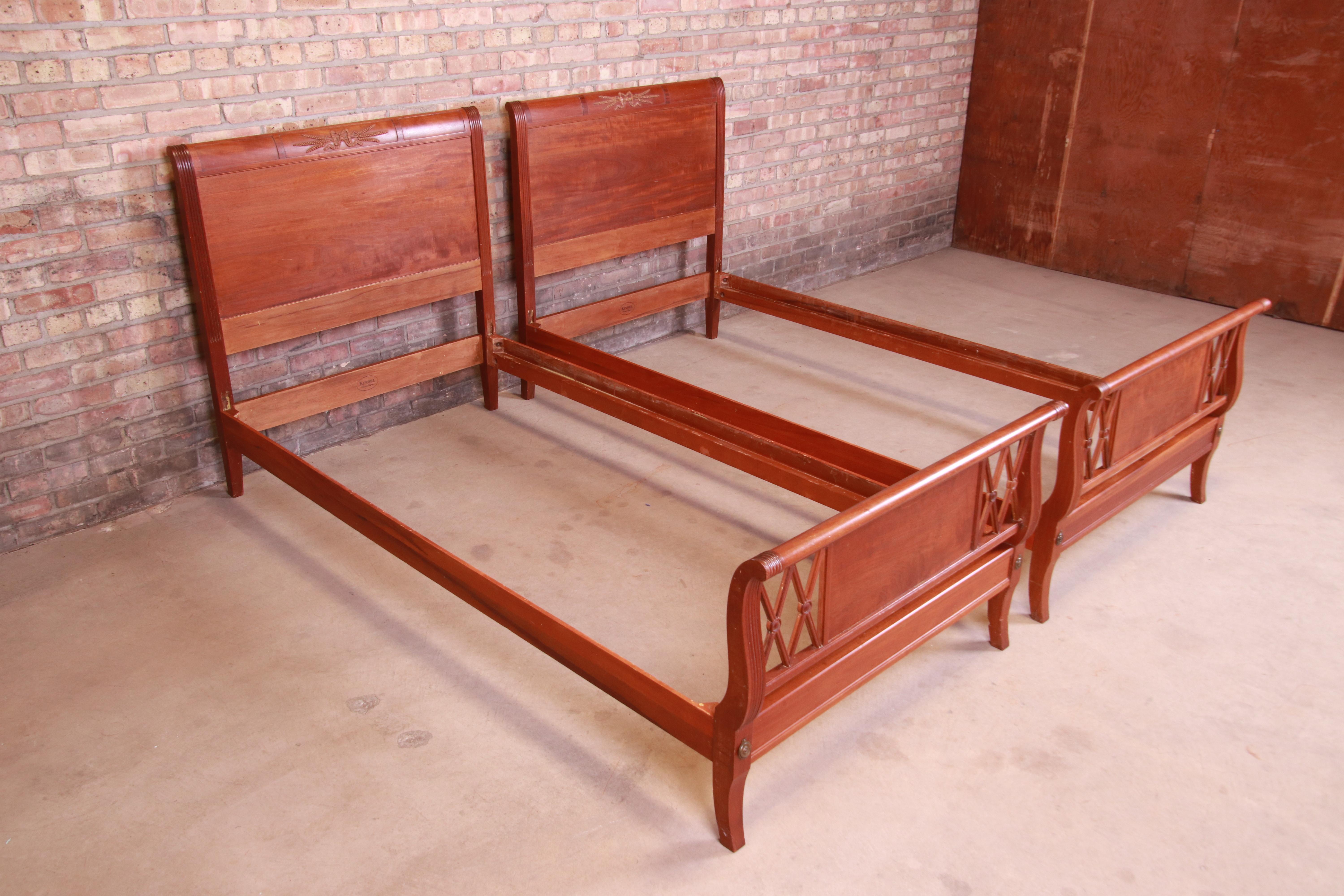 20th Century Kindel Furniture Regency Carved Mahogany Twin Beds, Pair