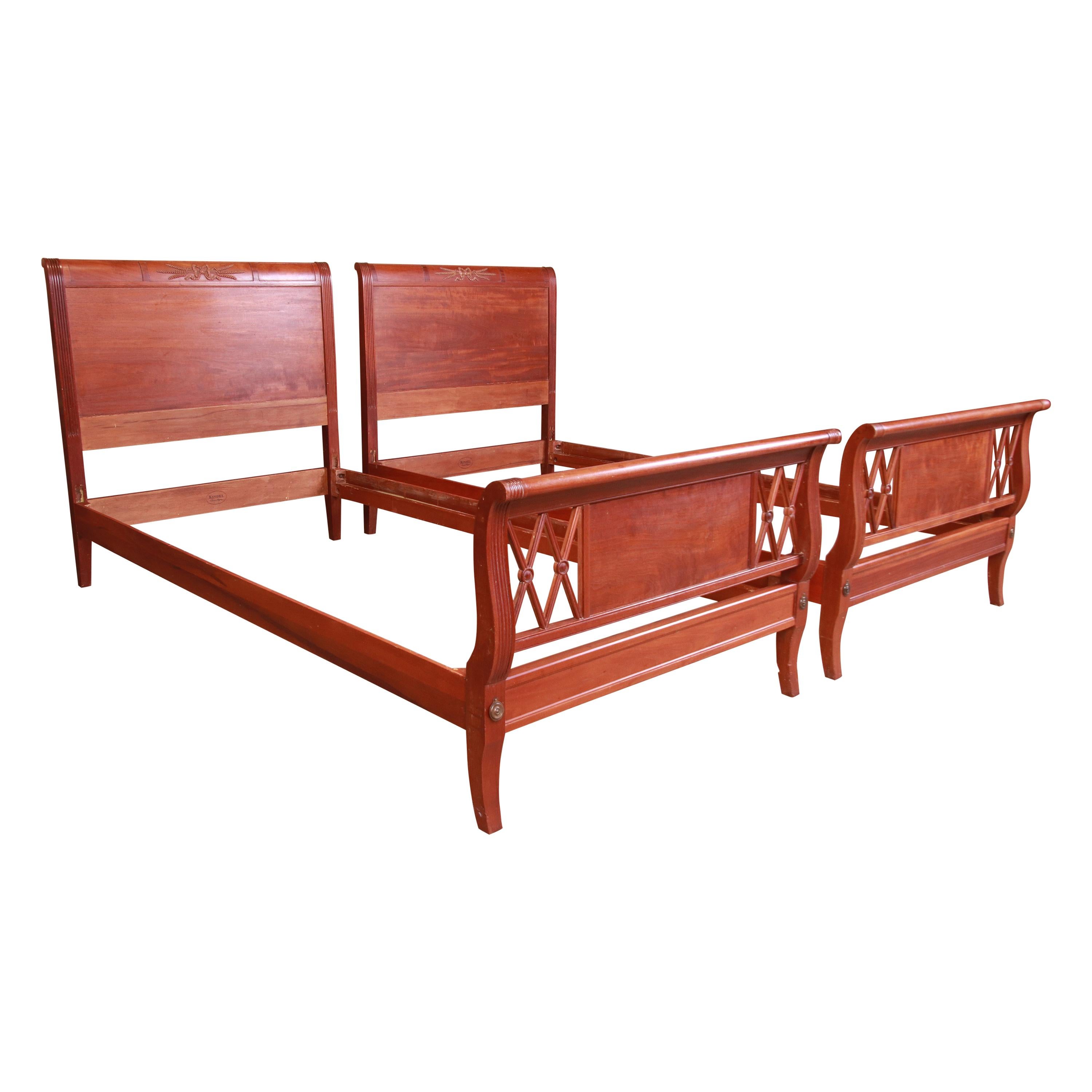 Kindel Furniture Regency Carved Mahogany Twin Beds, Pair