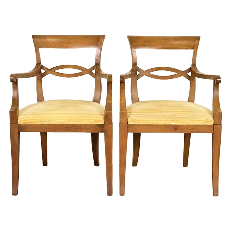 Kindel Furniture Style Regency Carved Walnut Armchairs, Pair