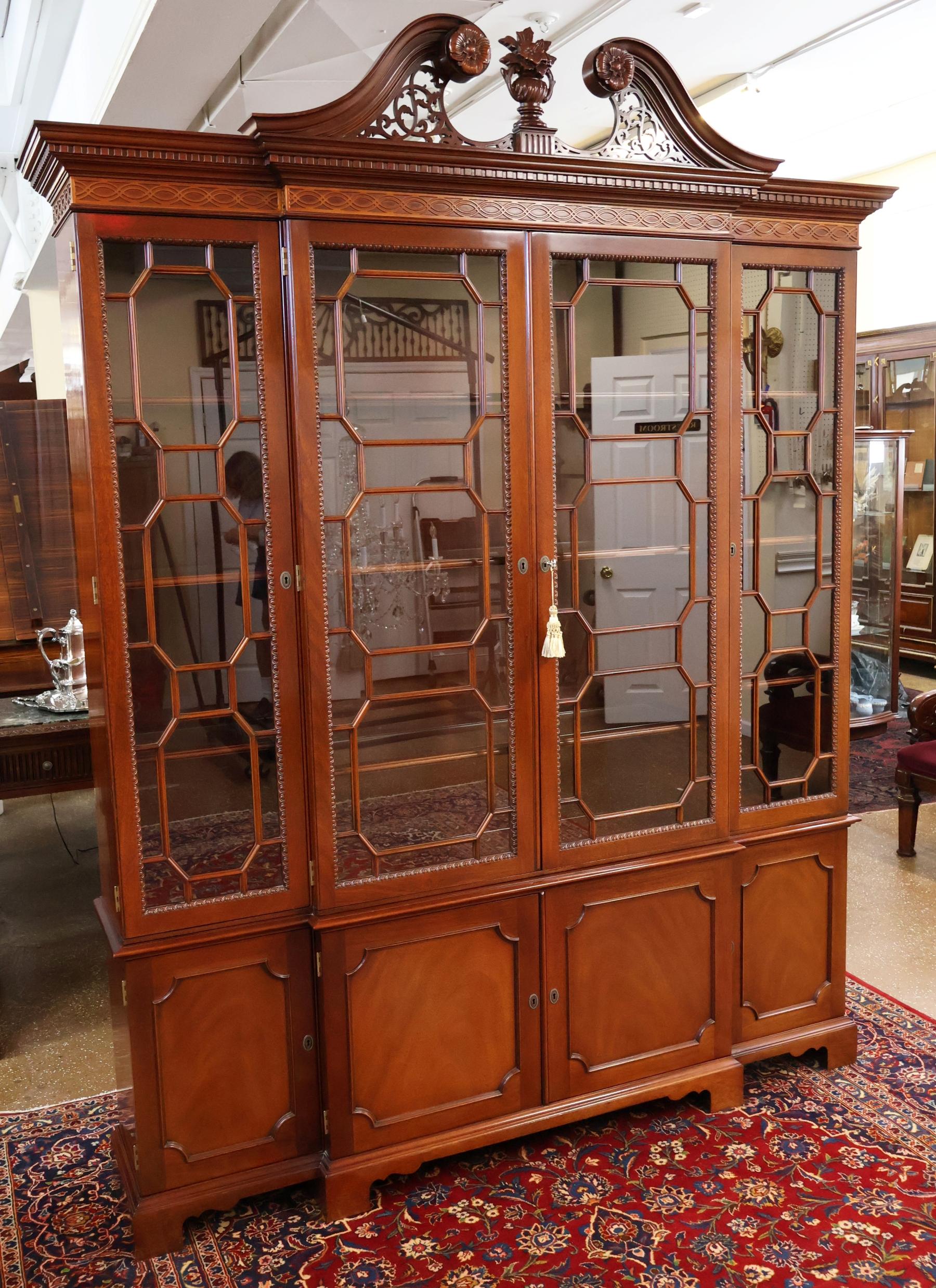 Regency Kindel Historic Trust Mahogany Bookcase China Cabinet Breakfront For Sale