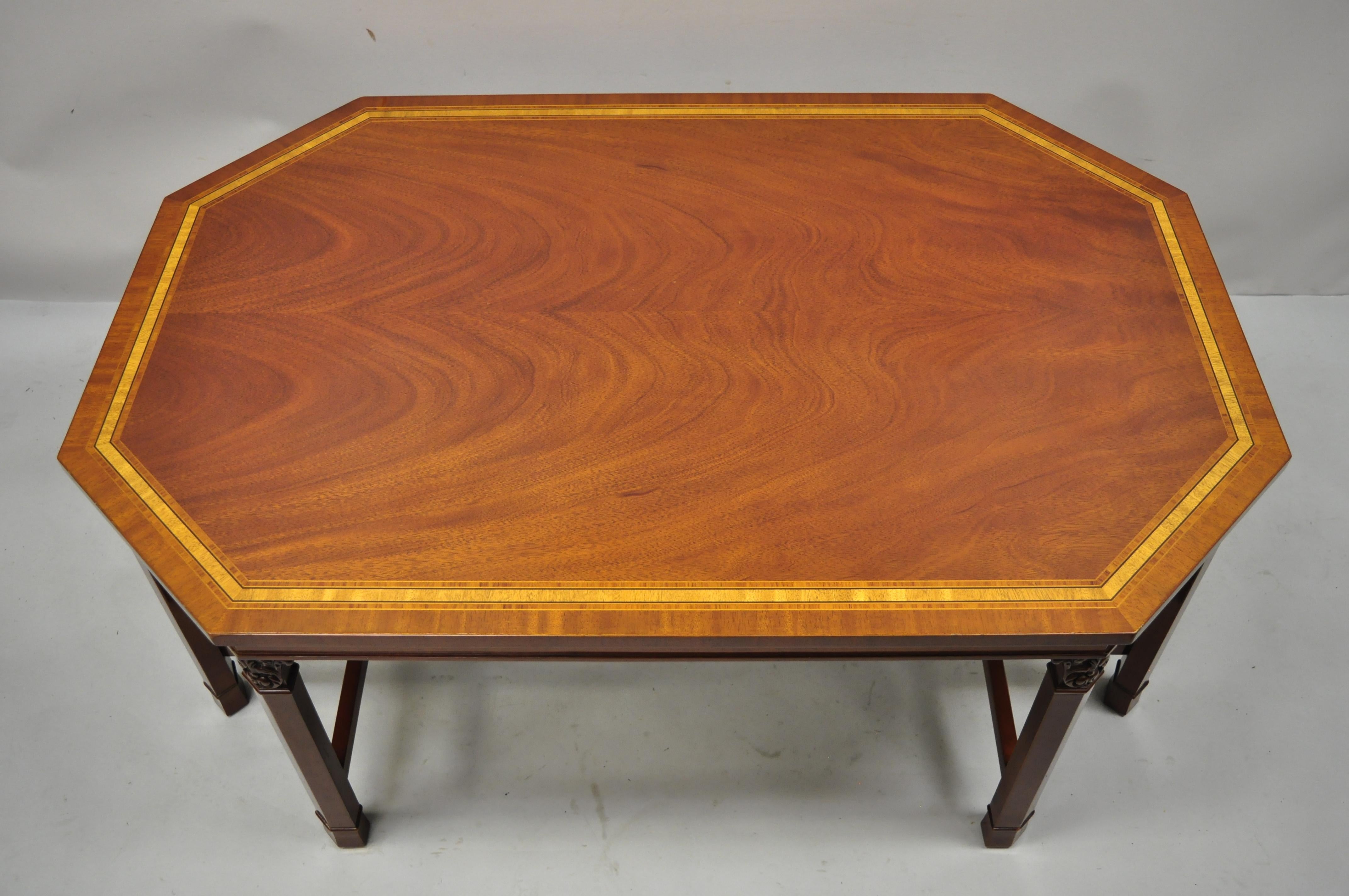 Kindel Mahogany English Georgian satinwood banded inlay 8 leg kent coffee table. Item features (8) legs, banded satinwood inlay, solid wood construction, beautiful wood grain, quality American craftsmanship, great style and form, Circa early 21st
