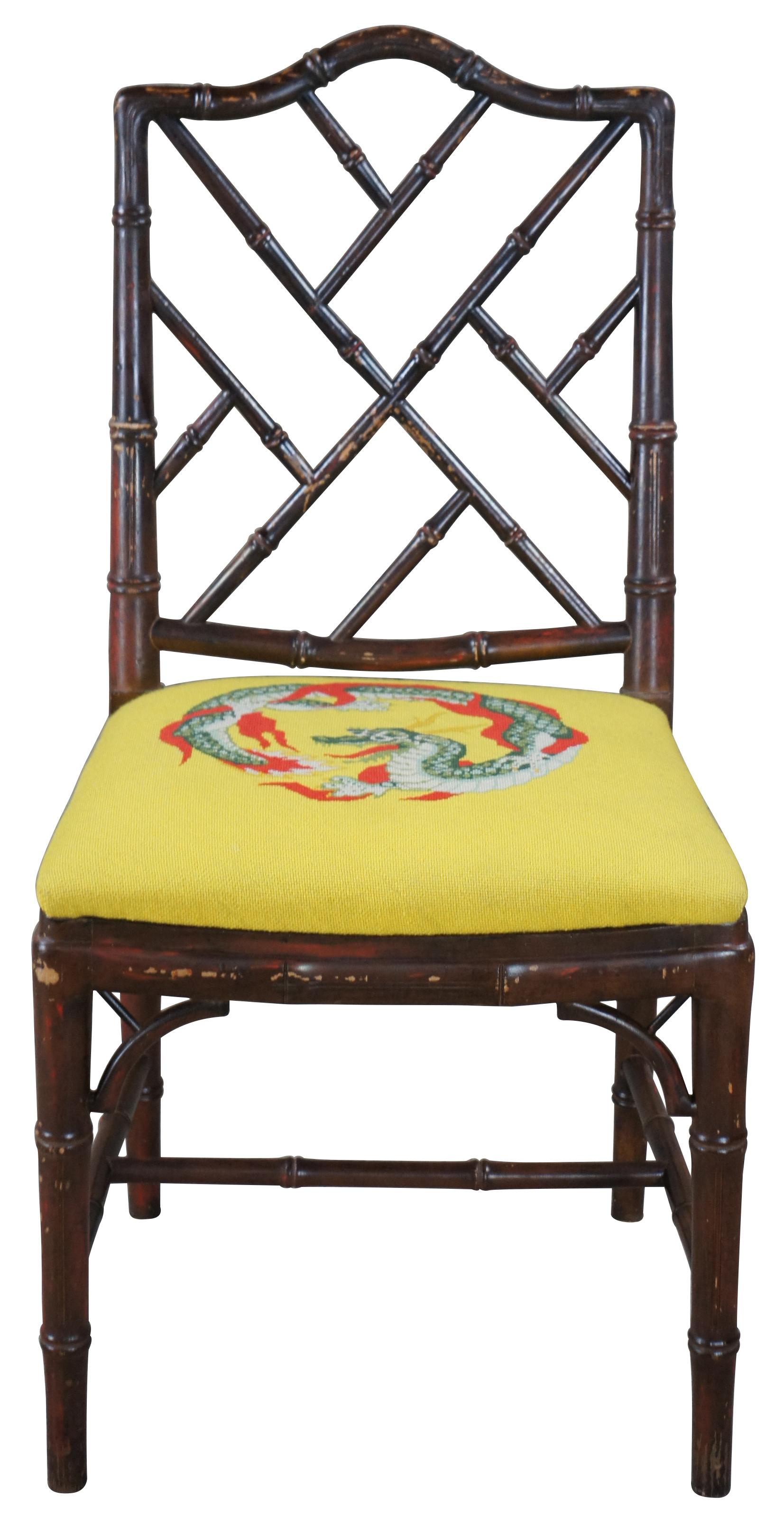 Kindel faux bamboo side chair, circa 1970s. Features a distressed hardwood frame with yellow upholstered dragon seat.

Kindel Grand Rapids has maintained family ownership and is committed to keeping this niche of luxury, handcrafted furniture made