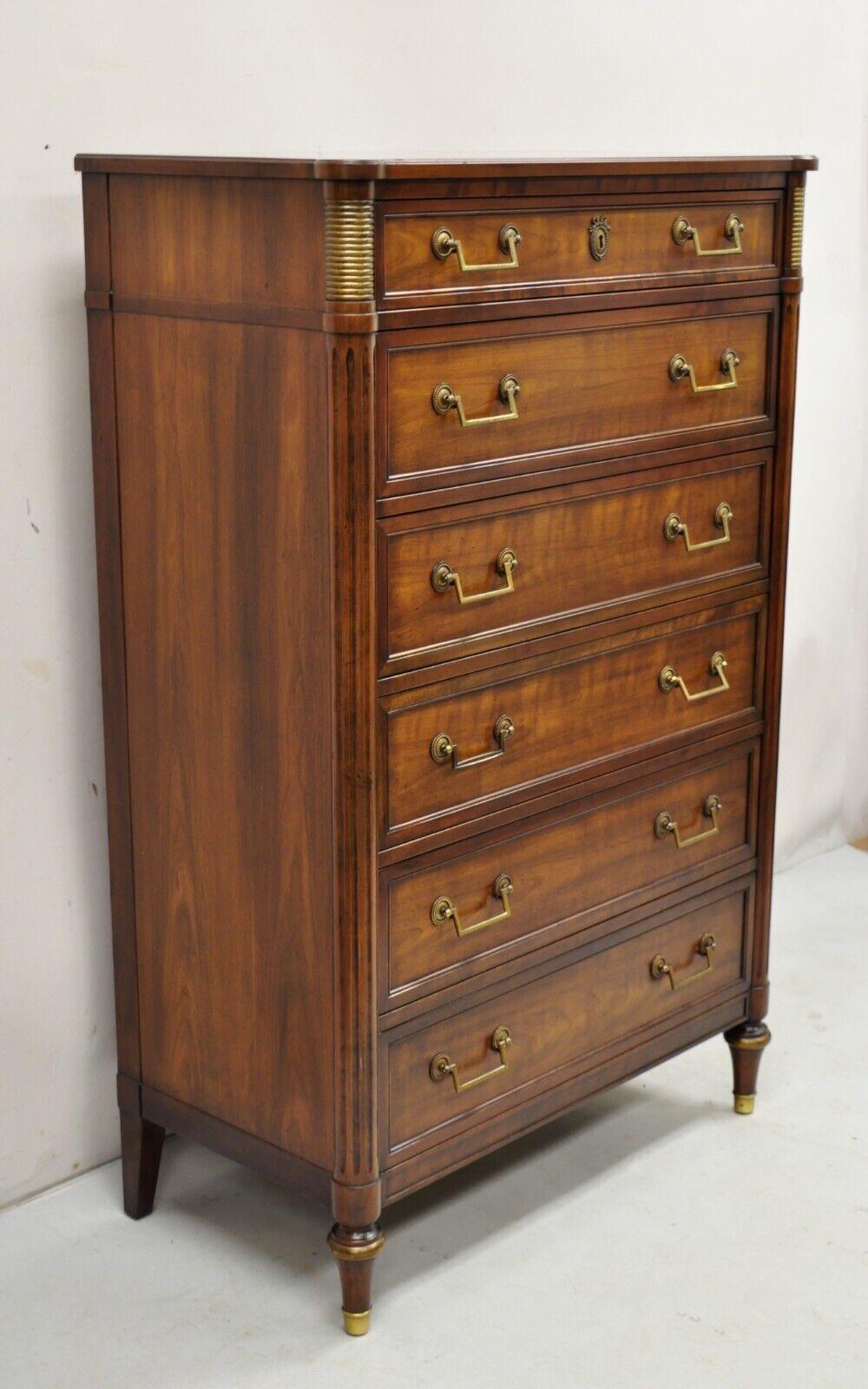 Kindel Milano Directoire French Louis XVI Style 6 Drawer Highboy Cherry Wood Tall Chest Dresser. Item features brass metal ormolu, beautiful wood grain, 6 dovetailed drawers, working lock and key, original tag, quality American craftsmanship. Circa