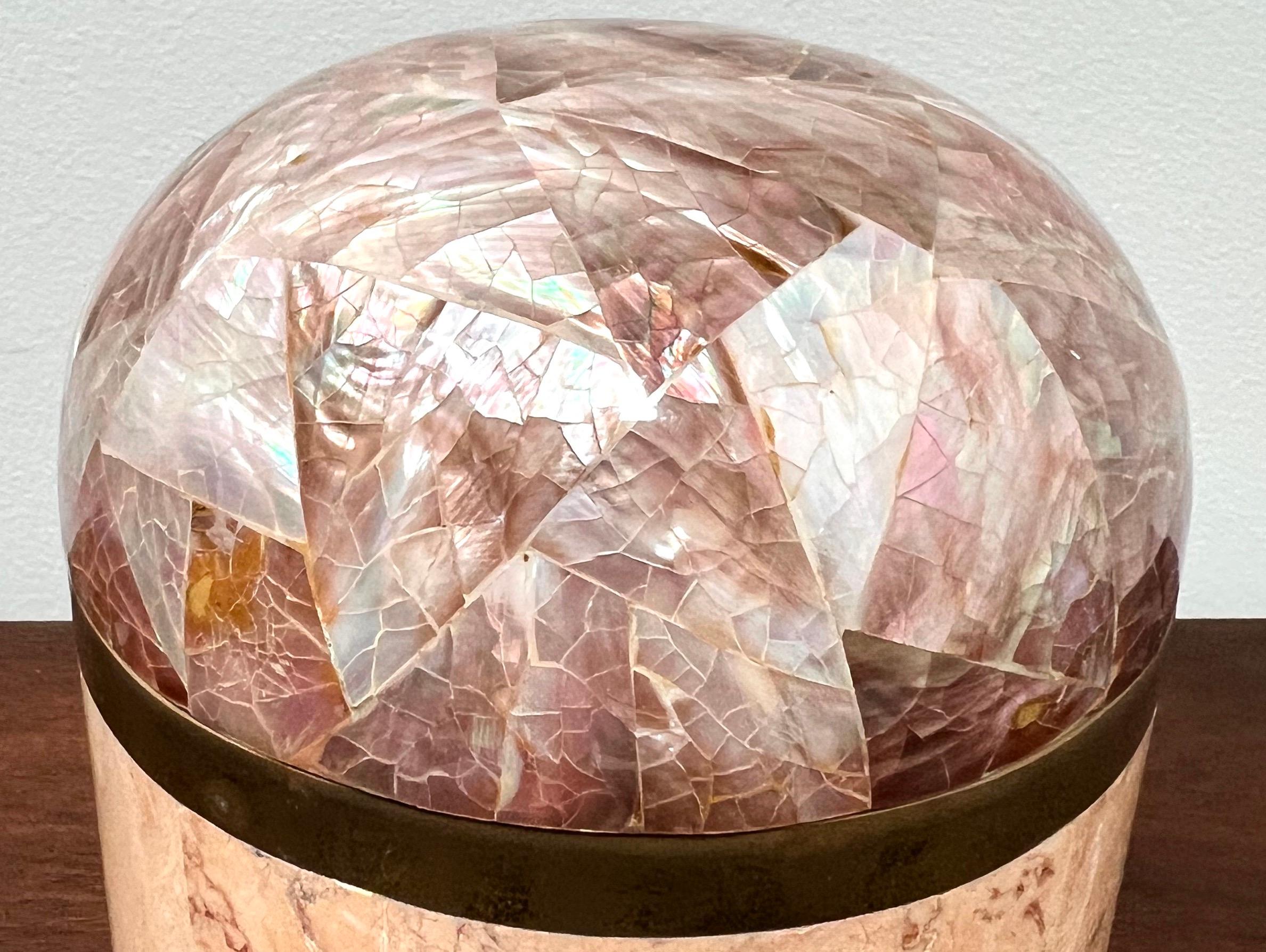 American KINDER-HARRIS DARA 1980's Pink Tessellated Stone Round Box wth Dome Lid For Sale