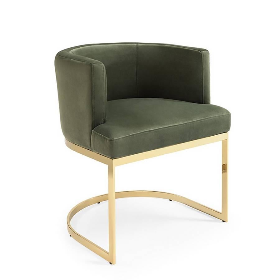 Armchair Kindly with structure in solid wood and
upholstered with olive green vellvet fabric. With
gold metal base.
Also available upholstered with turquoise velvet
fabric and with chrome metal base.
 