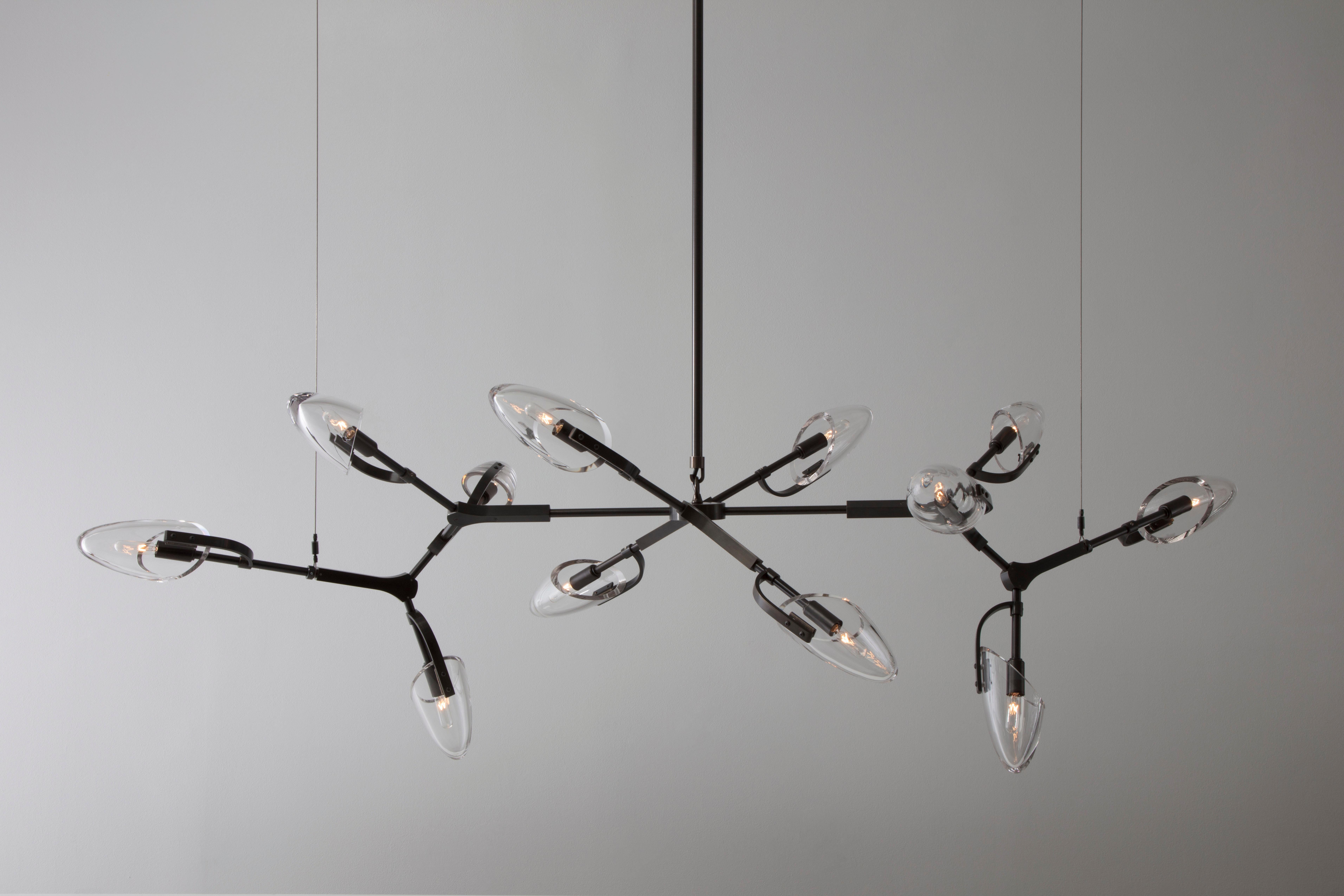 American Kinesis '1.12' Chandelier in Blackened Brass and Clear Glass by Matthew Fairbank For Sale