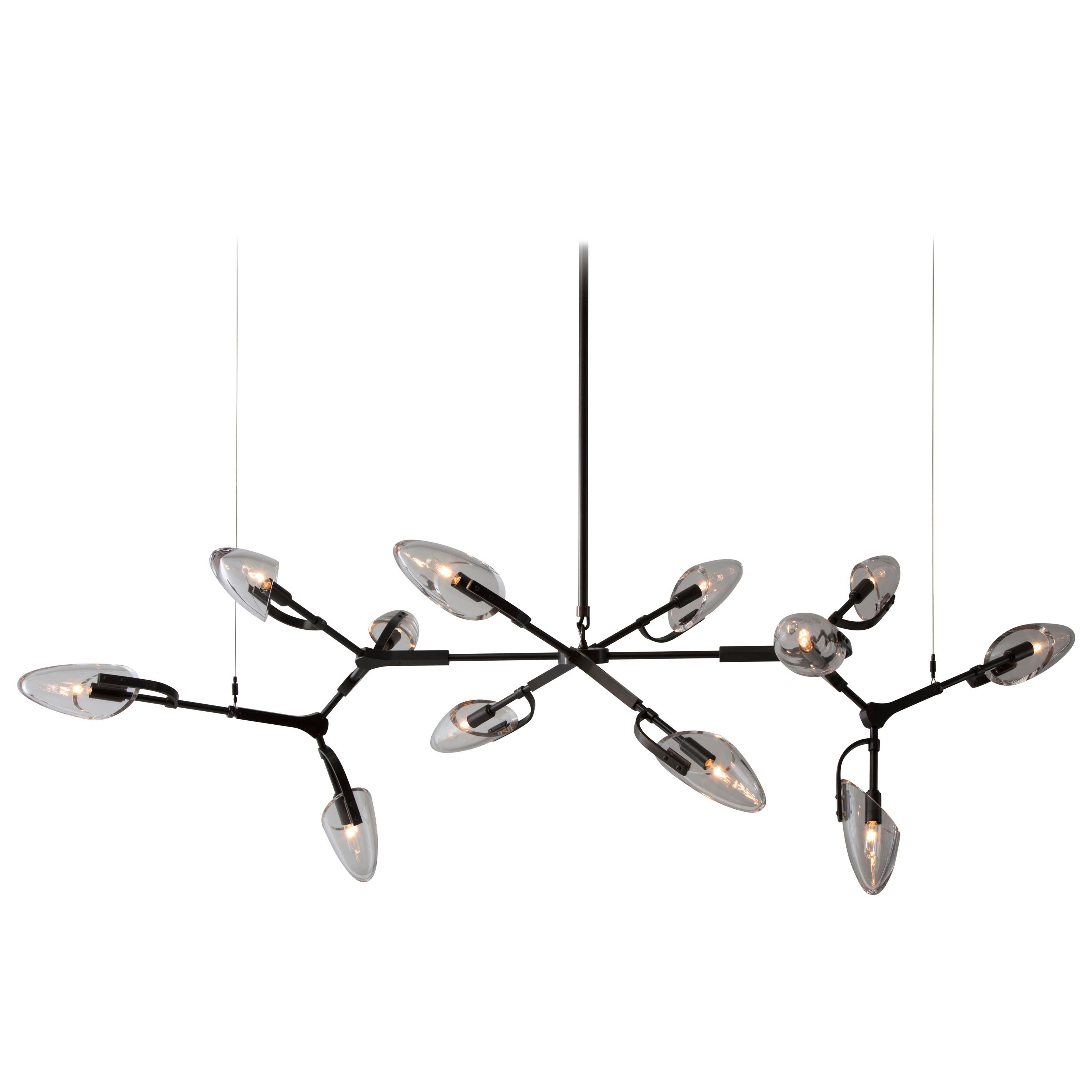 Kinesis '1.12' Chandelier in Blackened Brass and Clear Glass by Matthew Fairbank For Sale