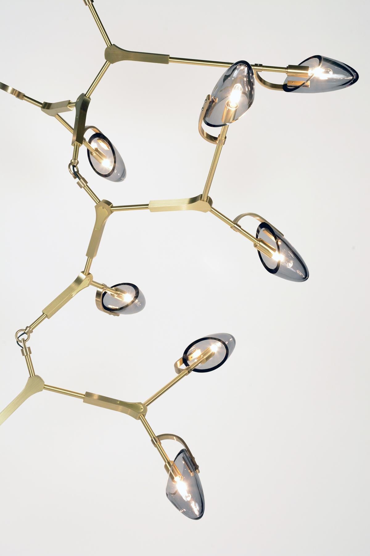 Kinesis chandelier is a modular lighting system featuring blown glass diffusers which are interconnected by solid brass components. The resulting fixture is an organic and sculptural centerpiece, which is unique from every angle. This listing