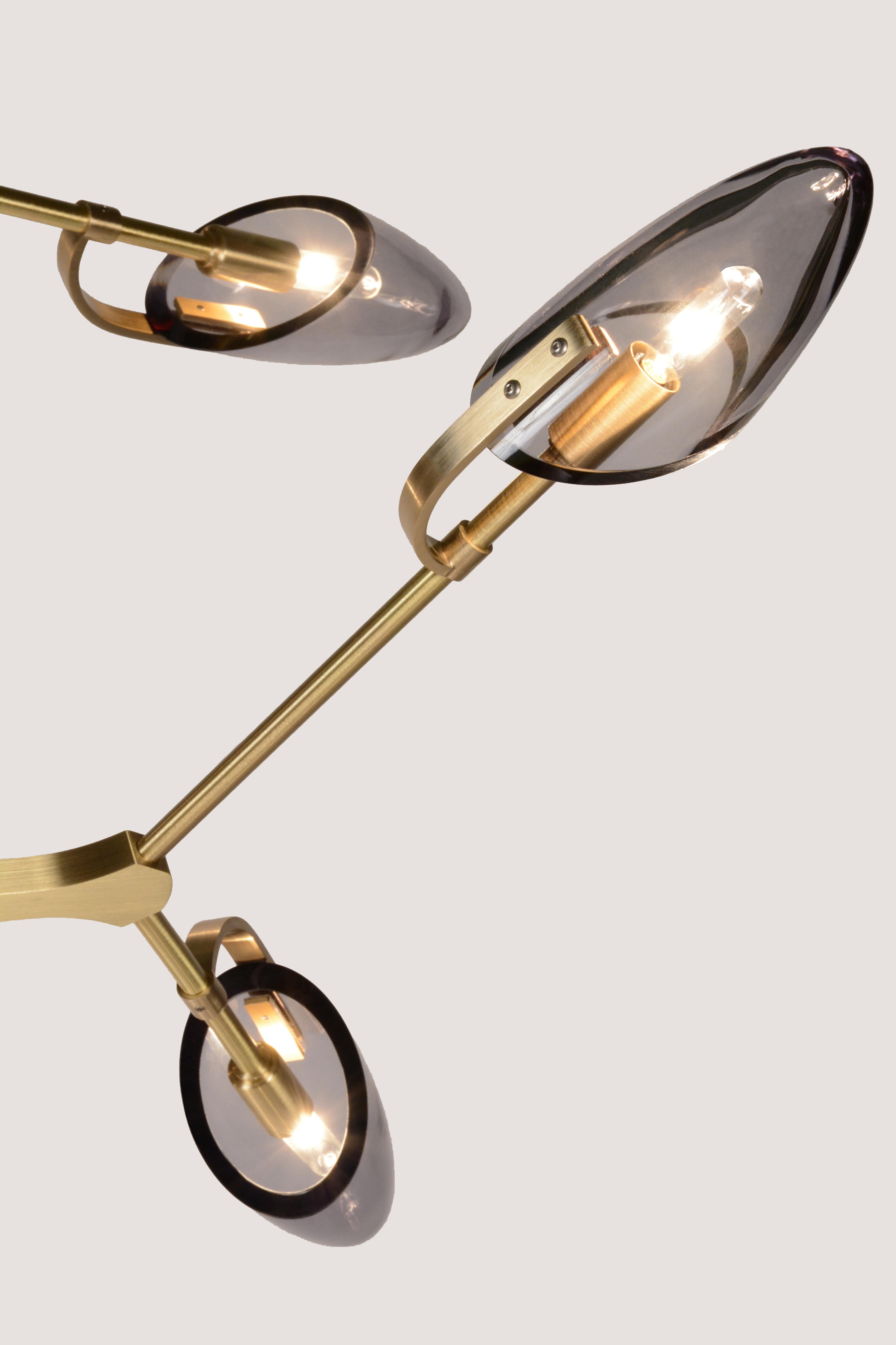 Modern Kinesis (M.12) Chandelier in Satin Brass and Smoke Glass By Matthew Fairbank For Sale