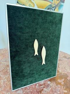 Kinetic Art Framed Bas Relief Carved Sardines Deep Forest Green Chenille Textile