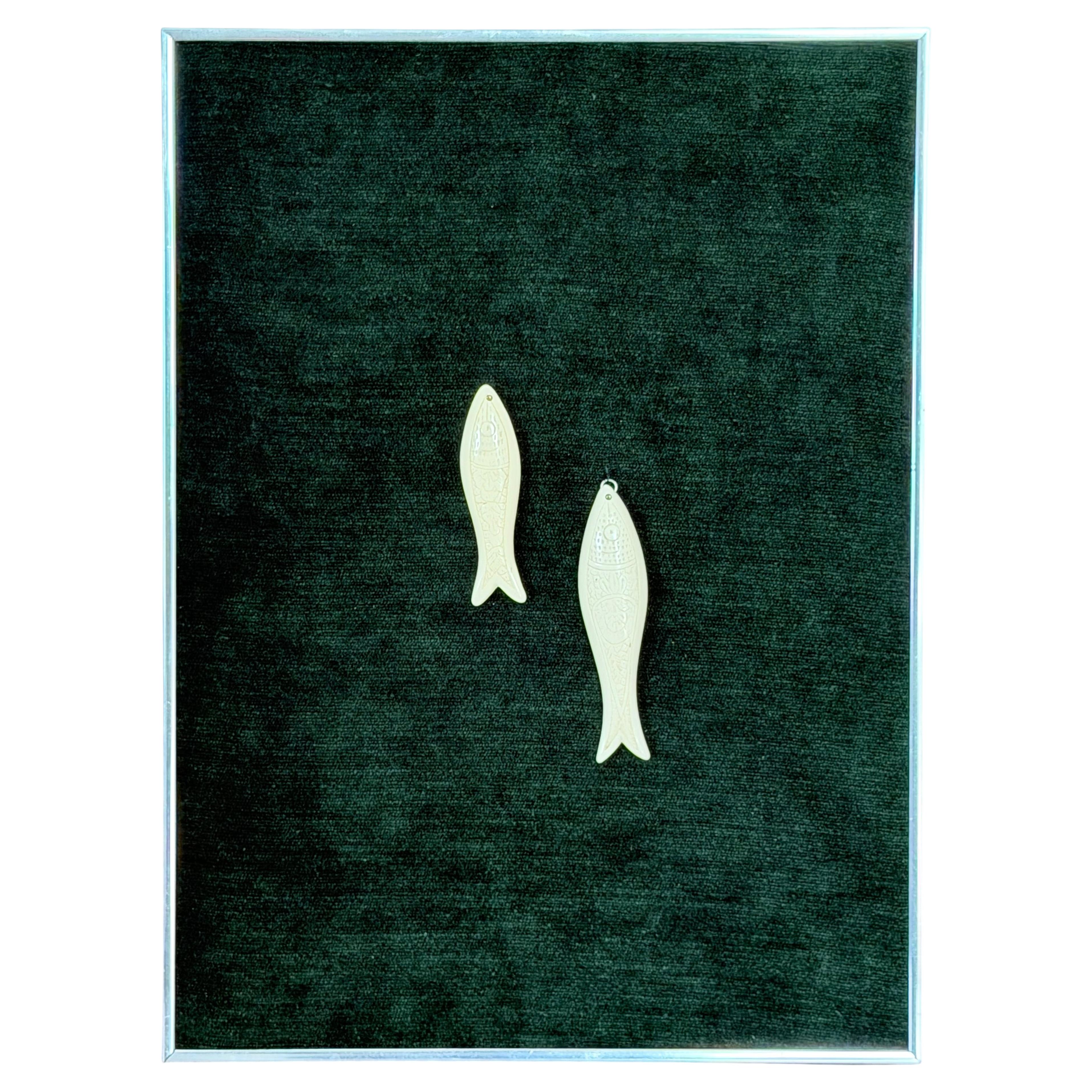 Kinetic Art Framed Bas Relief Carved Sardines Deep Forest Green Chenille Textile For Sale