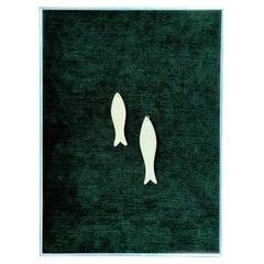 Kinetic Art Framed Bas Relief Carved Sardines Deep Forest Green Chenille Textile