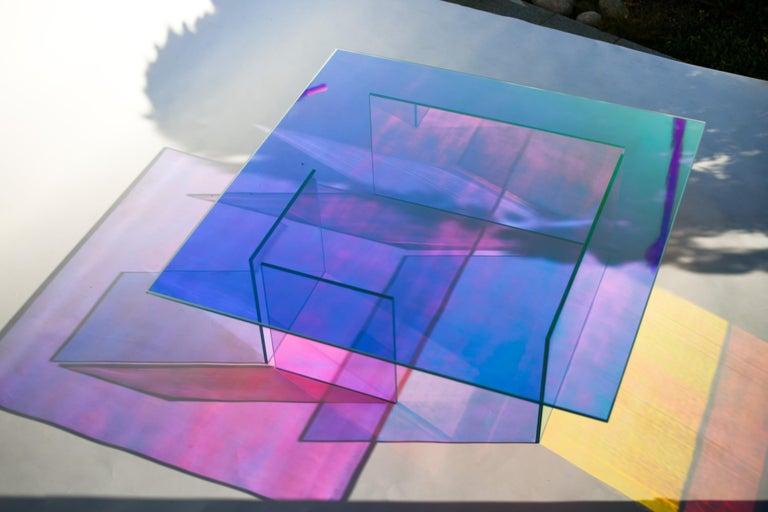 Kinetic colors glass table by Brajak Vitberg
Materials: Glass, dichroic film
Dimensions: 120 x 120 x 40 cm

Bijelic and Brajak are two architects from Ljubljana, Slovenia.
They are striving to design craft elements and make them timeless