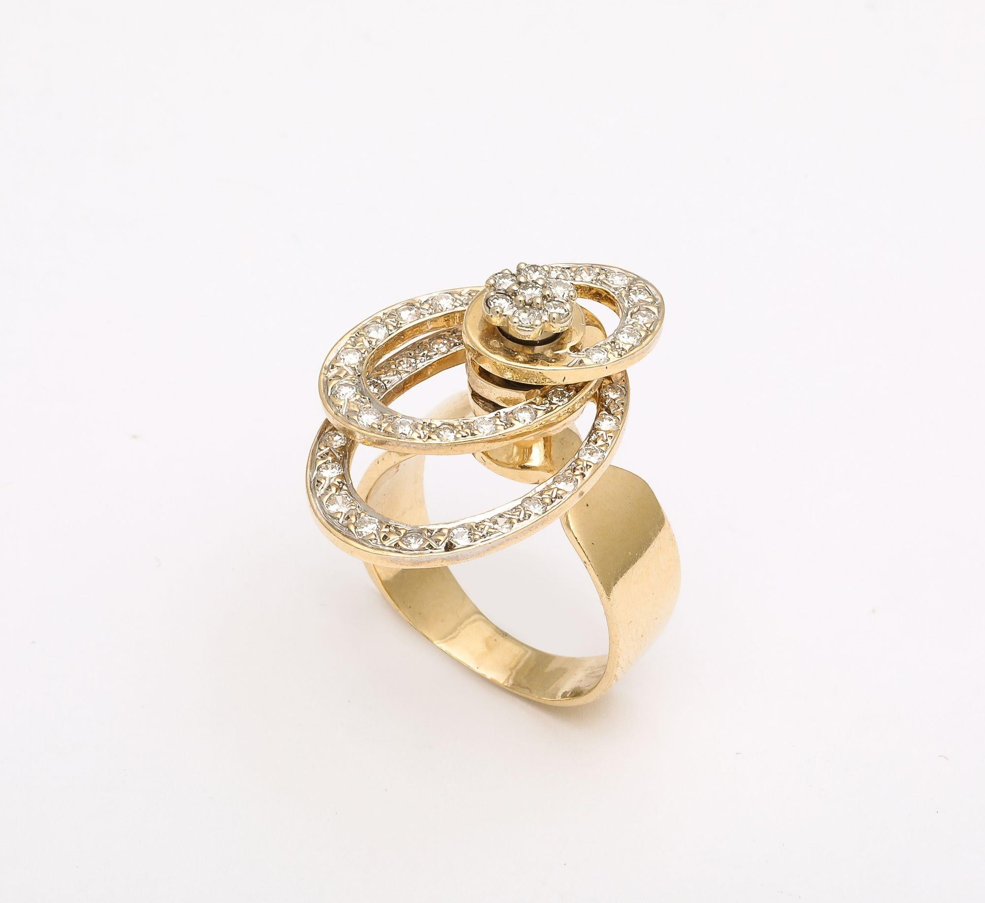 Modern Kinetic Diamond 14 k Gold Spinner Ring For Sale