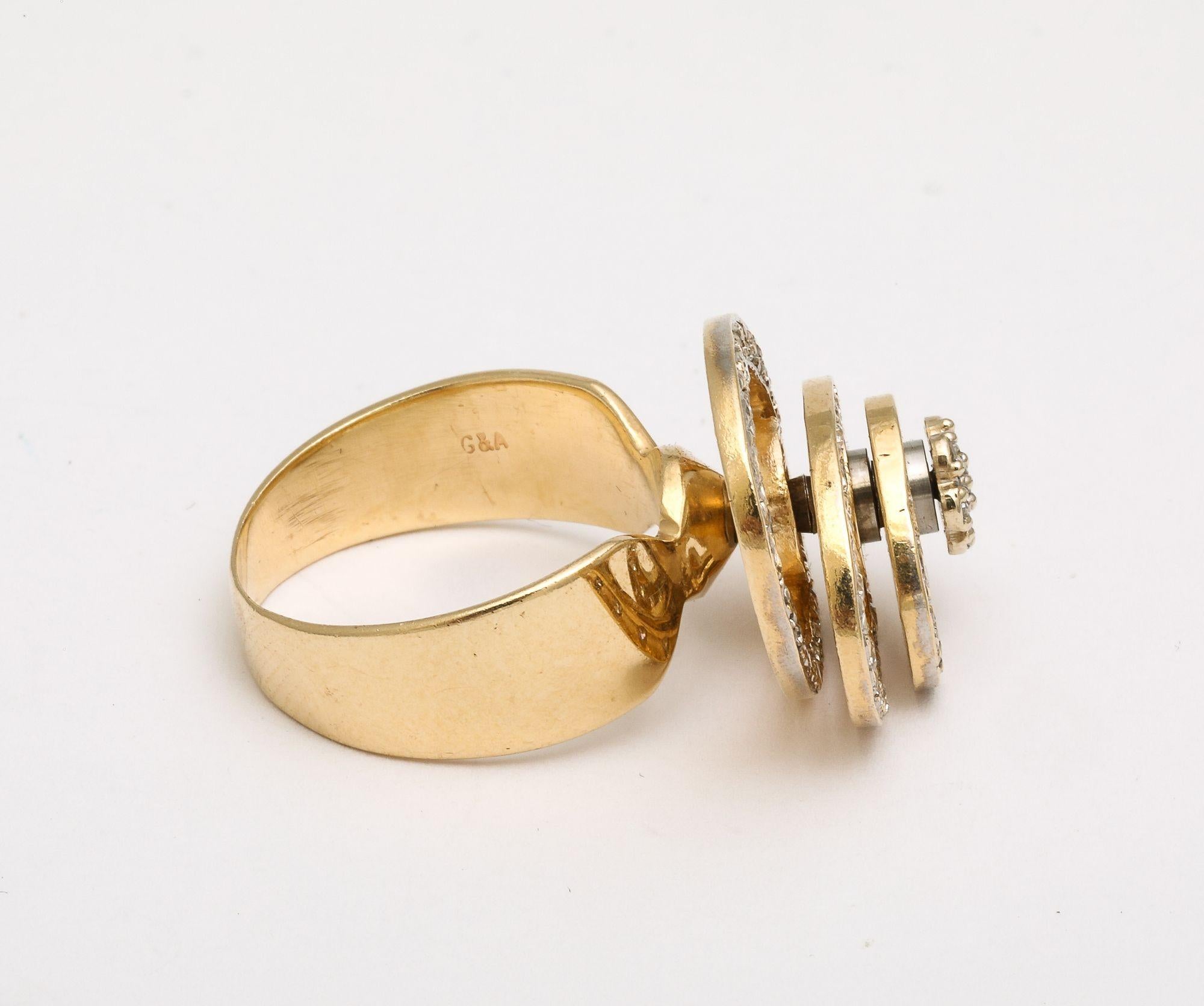 Brilliant Cut Kinetic Diamond 14 k Gold Spinner Ring For Sale