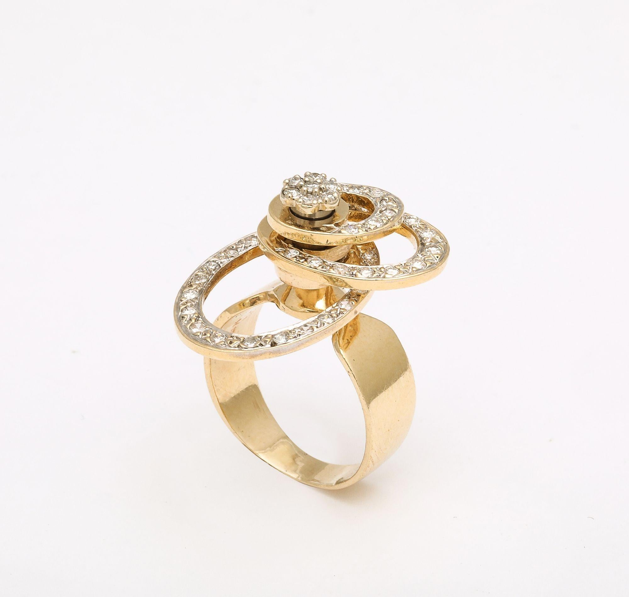 Kinetic Diamond 14 k Gold Spinner Ring For Sale 2