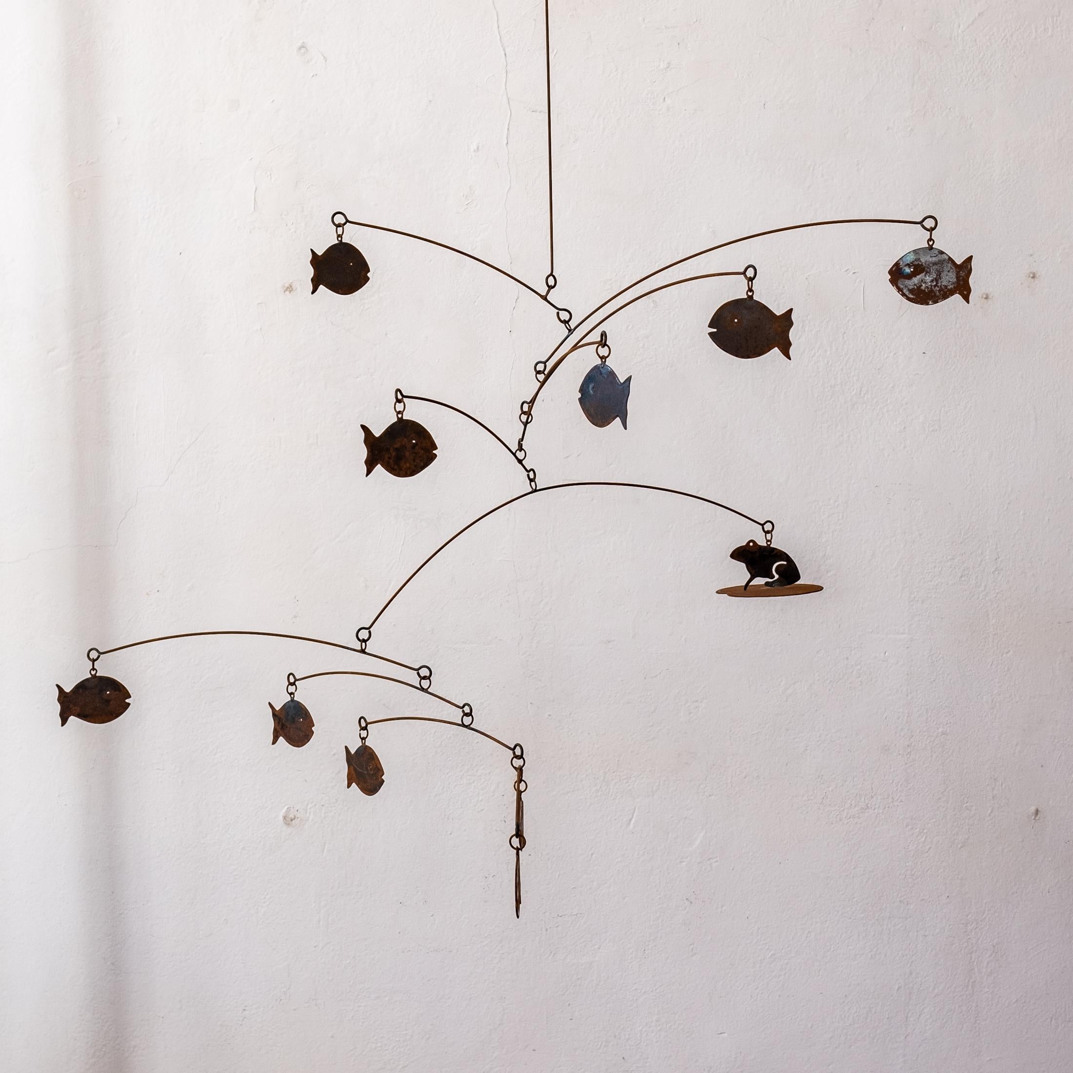 Kinetic hanging mobile sculpture. Metal fish and a frog. Great movement and nice patina. Unsigned.