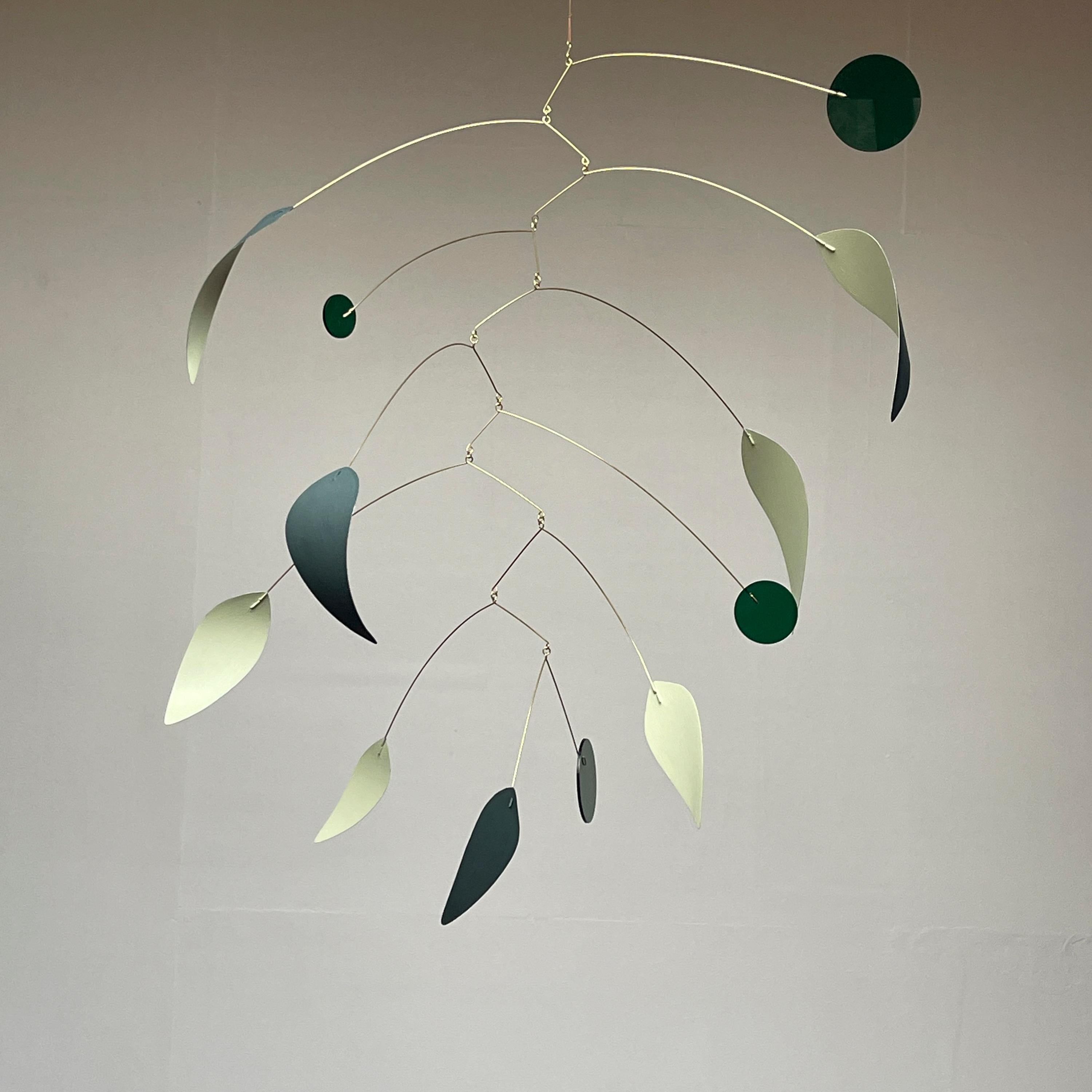 Large kinetic mobile hand made by the artist Alistair Berg.
Alistair Berg is a sculptor based in Somerset. He uses a variety of materials to create lightweight kinetic mobiles designed for interior spaces.
Alistair has worked as a photographer for