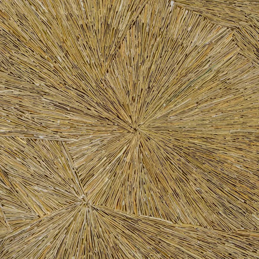 Kinetische Wandmalerei, Reliefmalerei, Strahlendes Gelb.

Jaune Radieux ist ein kinetisches Werk, ein Gemälde, das mit den visuellen und sensorischen Wahrnehmungen des Betrachters spielt. Sie besteht aus feinen, strahlenförmig angeordneten Stäben,