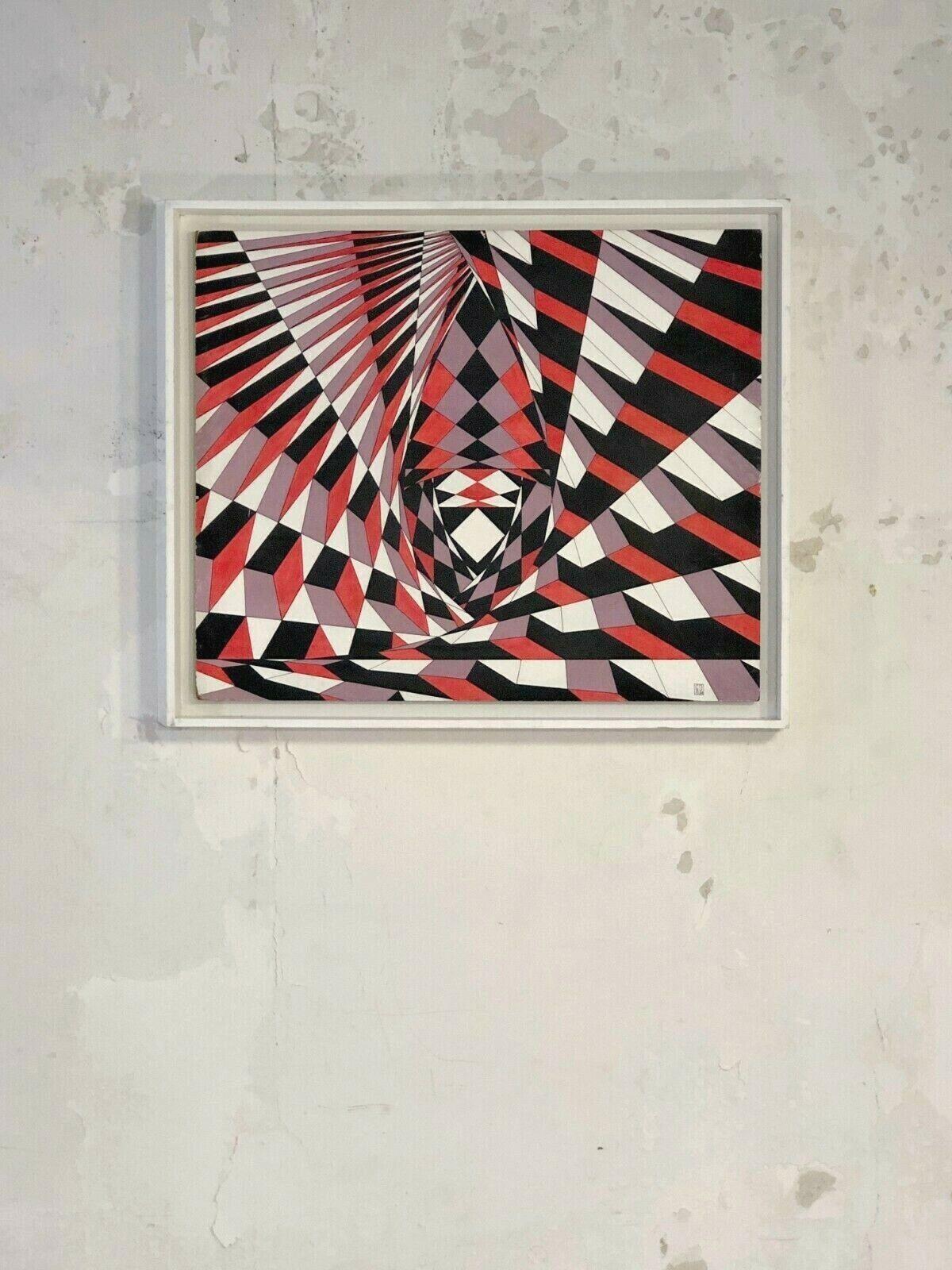 An authentic kinetic painting, Post-Modernist, Abstract Geometric, Op-Art, composition of red, purple and black geometric shapes on panel in its original American box in white lacquered wood, titled 