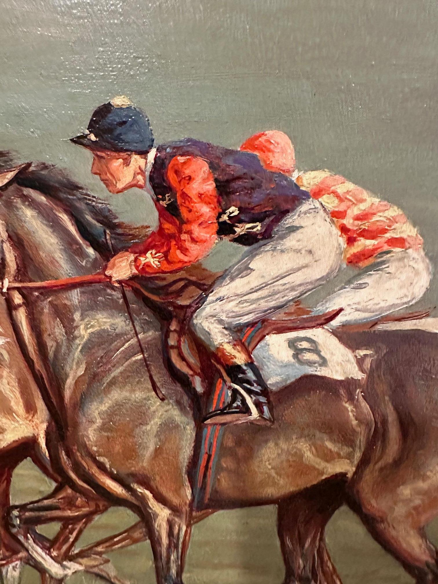 Emocionante cuadro de jockeys en una carrera en la que prácticamente puedes sentir el viento pasar mientras los caballos pasan a toda velocidad.  Firmado Ninetta Butterworth 1922-2010
Artista inglés cotizado
Marco personalizado
Óleo sobre