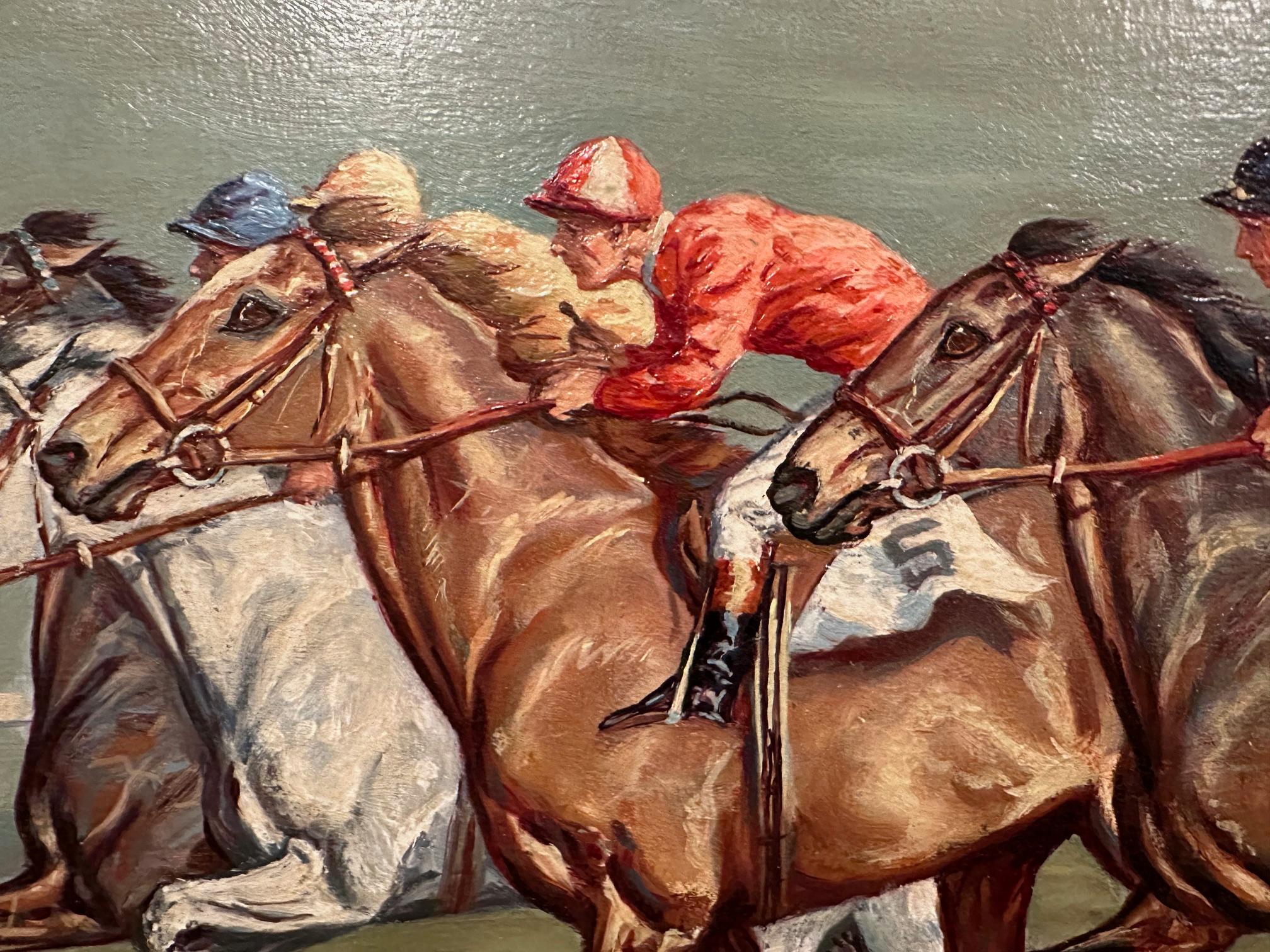 Pintura cinética de jockeys corriendo por Ninetta Butterworth Inglés en venta