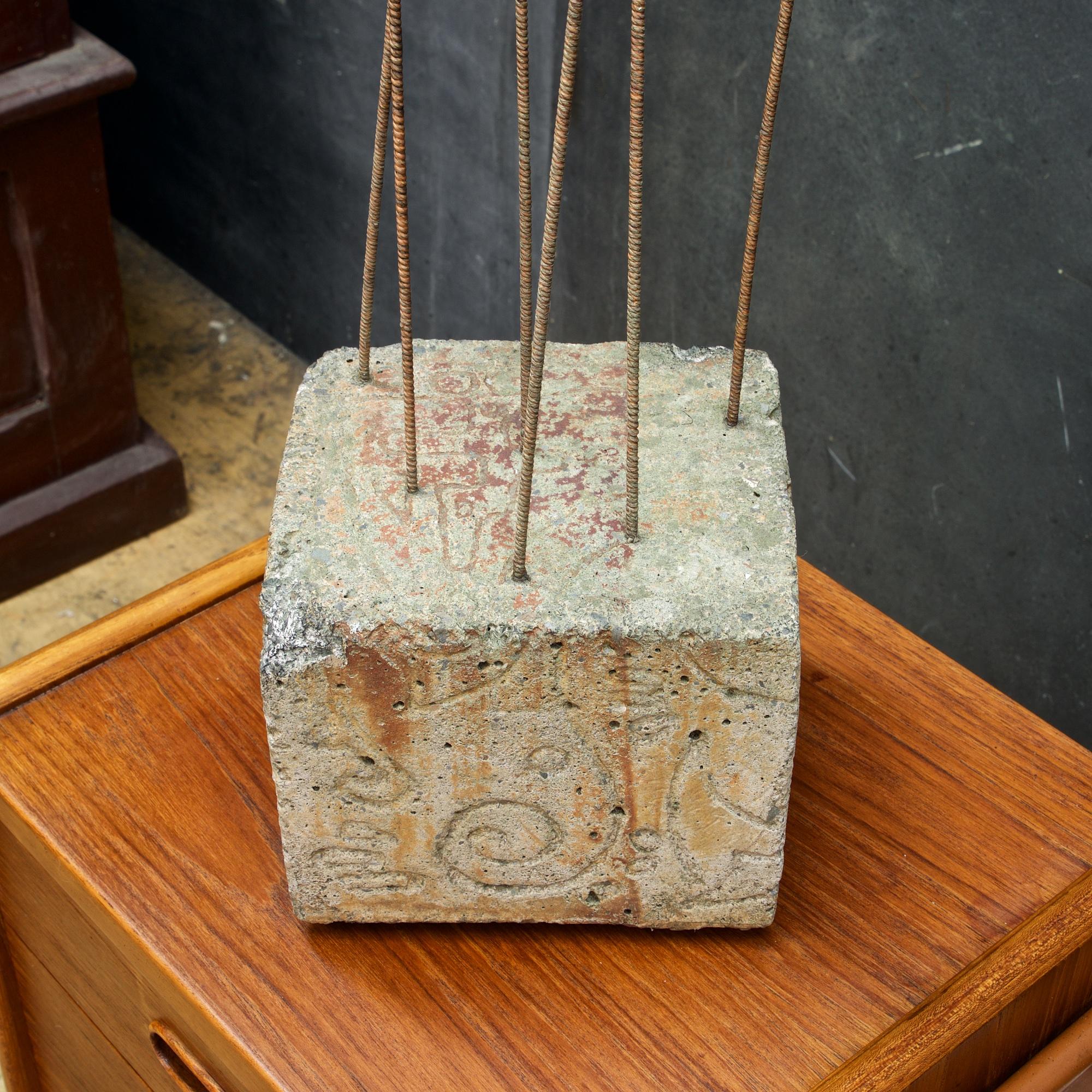 Hand-Crafted Kinetic Reeds Sculpture Incised Concrete Base Vintage 1950s Studio Craft For Sale