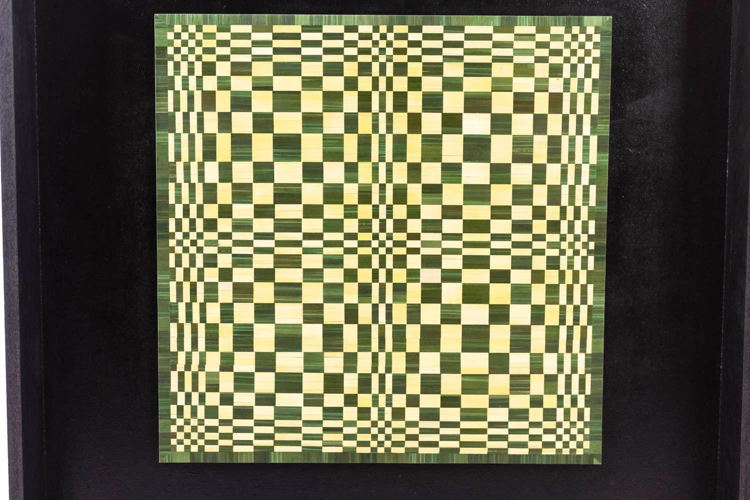 Marianne Leal, signed. 

Kinetic straw marquetry panel, homage to Vicor Vasarely, green and straw color.

Contemporary French work.