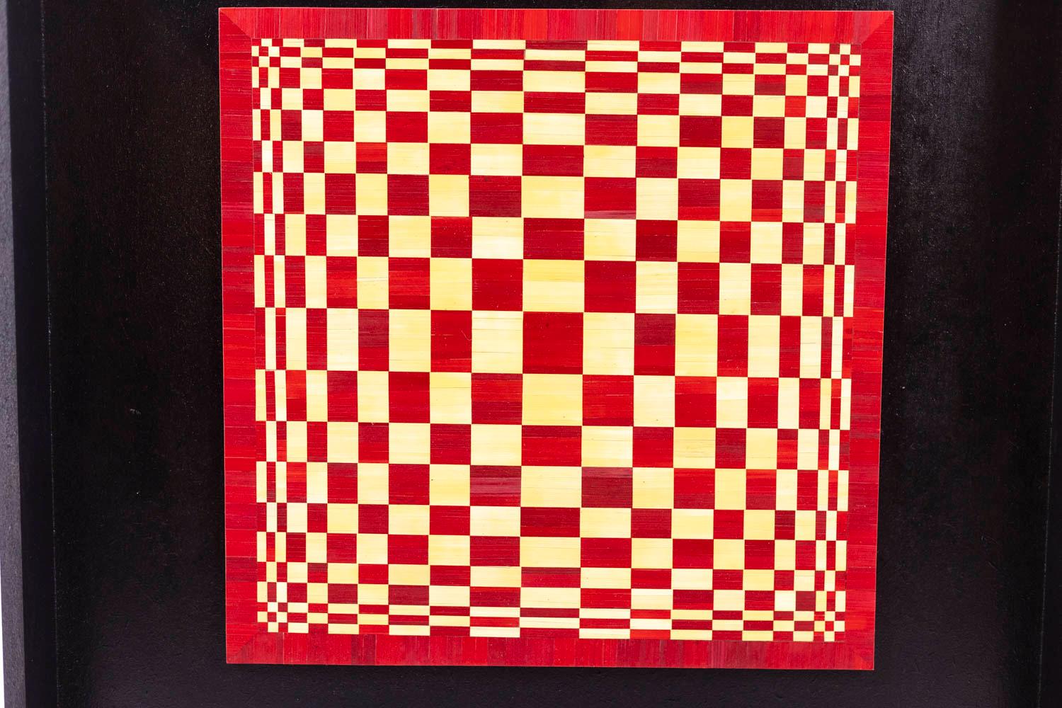 Marianne Leal, signed.

Kinetic straw marquetry panel, tribute to Victor Vasarely, red and straw.

French contemporary work.