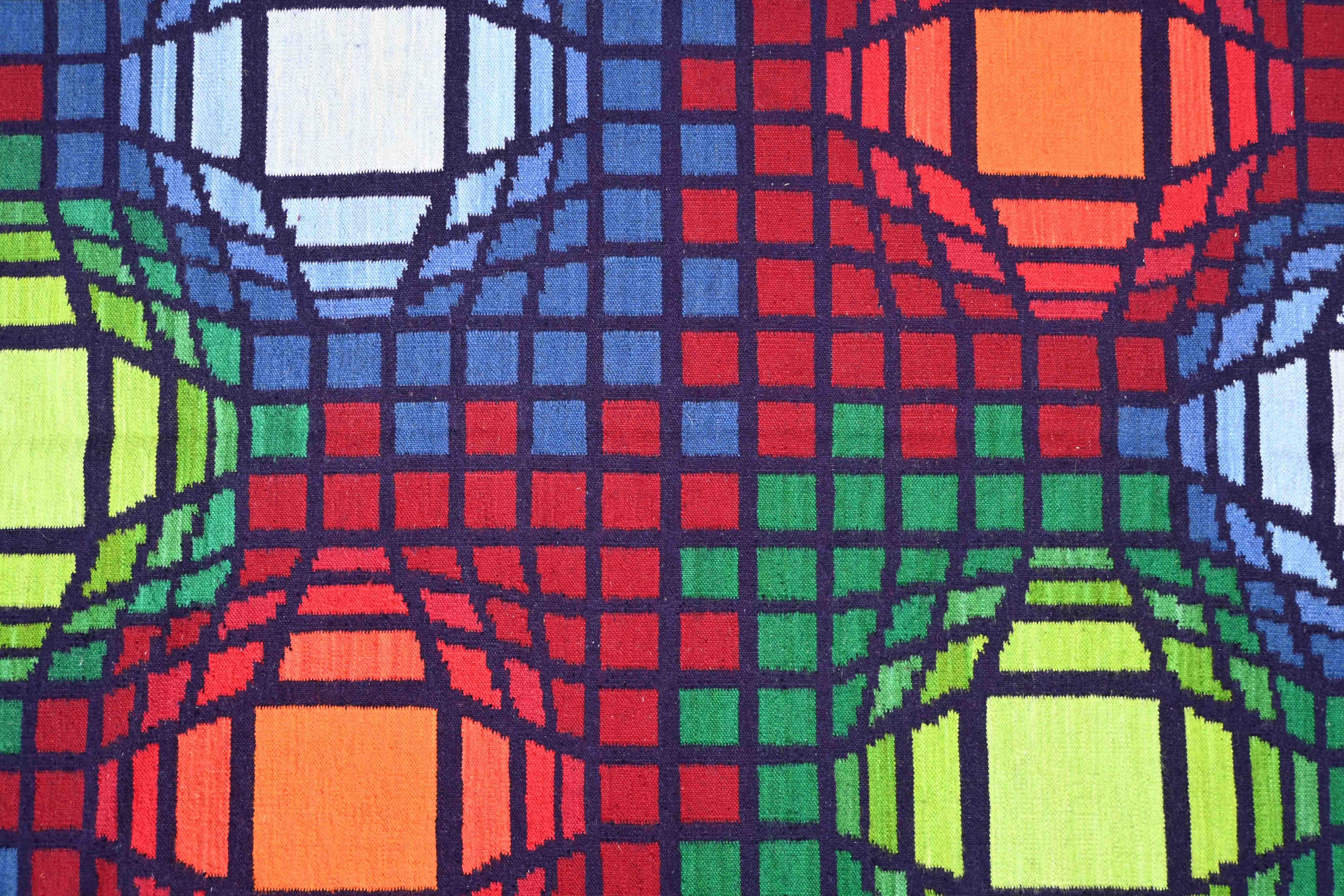 Hand-Woven Kinetic Tapestry LM1985 Signed Jakubczyk - In the style of Vasarely - No. 1377 For Sale