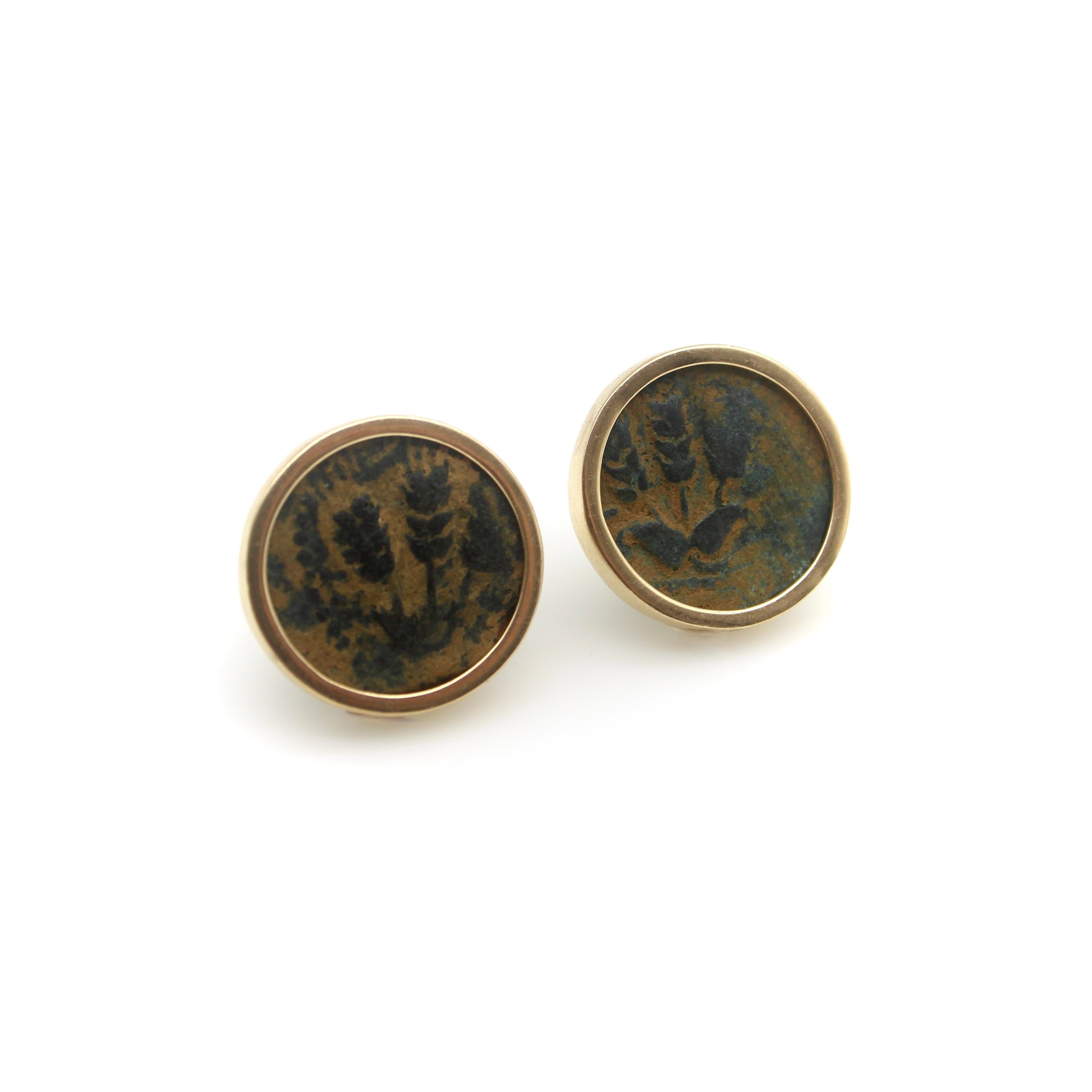 These 14k gold earrings feature ancient coins that were minted in Jerusalem in 42 A.D.  The coins were minted during the reign of Herod Agrippa I—the grandson of Harod the Great—who ruled over the entire country of Israel and Northern Transjordan.