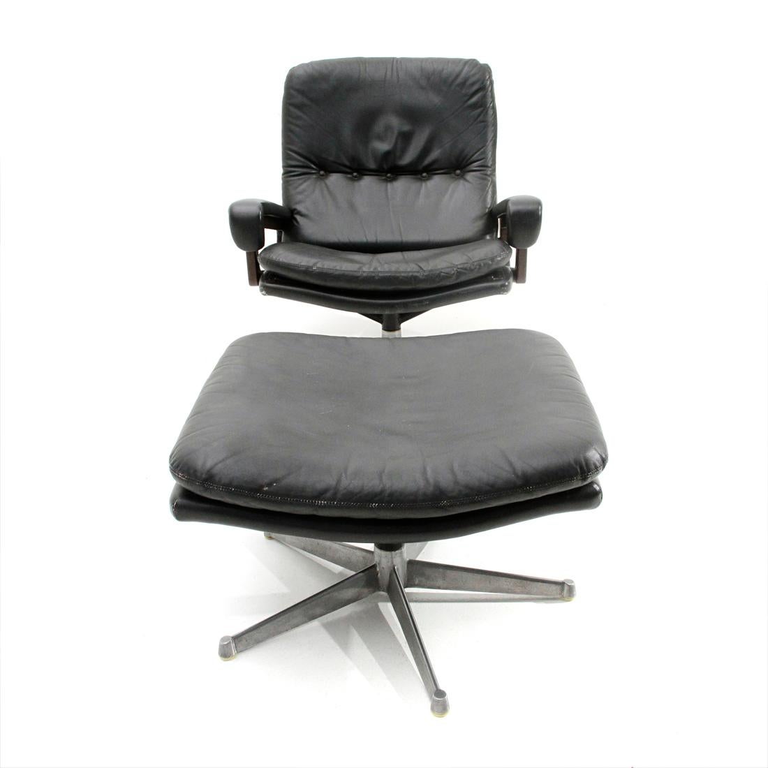 Swiss ‘King’ Armchair with Ottoman in Black Leather by André Vandenbeuck for Strässle