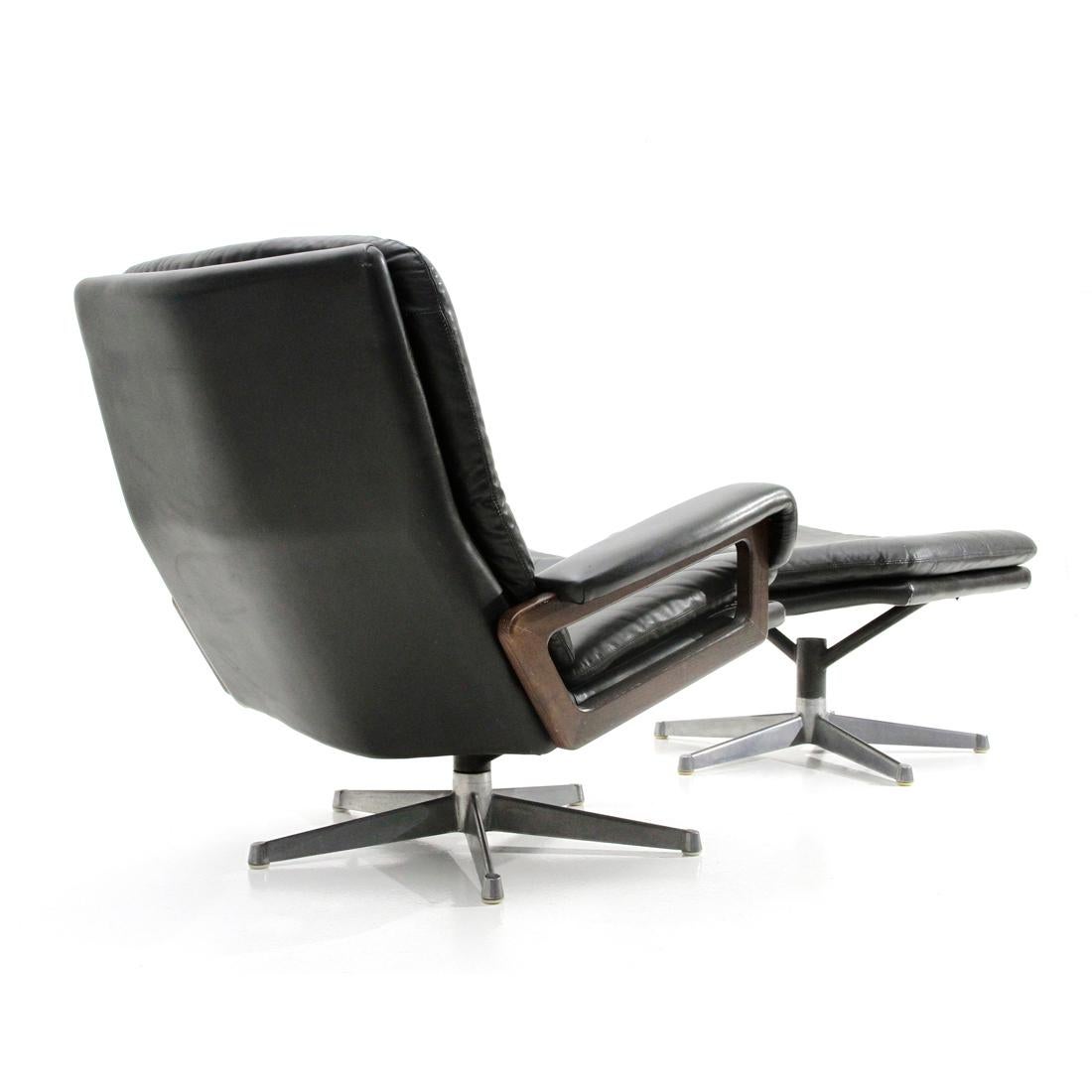 Metal ‘King’ Armchair with Ottoman in Black Leather by André Vandenbeuck for Strässle
