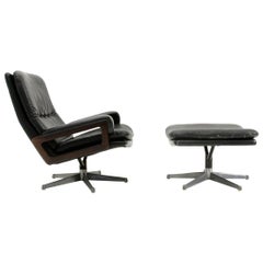 ‘King’ Armchair with Ottoman in Black Leather by André Vandenbeuck for Strässle