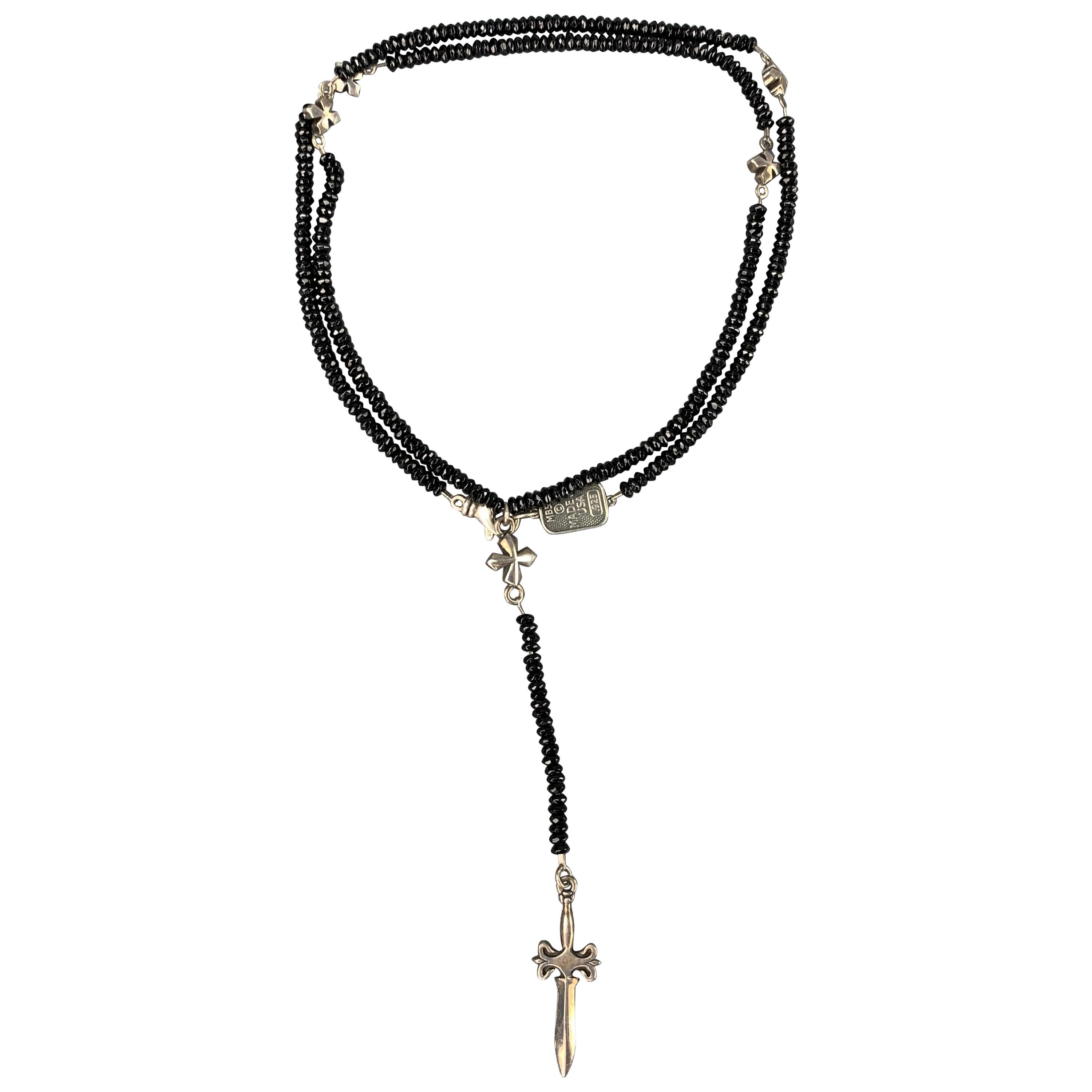 KING BABY Black Bead Sterling Silver Dagger Cross Necklace