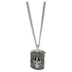 King Baby Black Diamond Small Crowned Skull Relic Dog Tag Pen in Sterling Silver