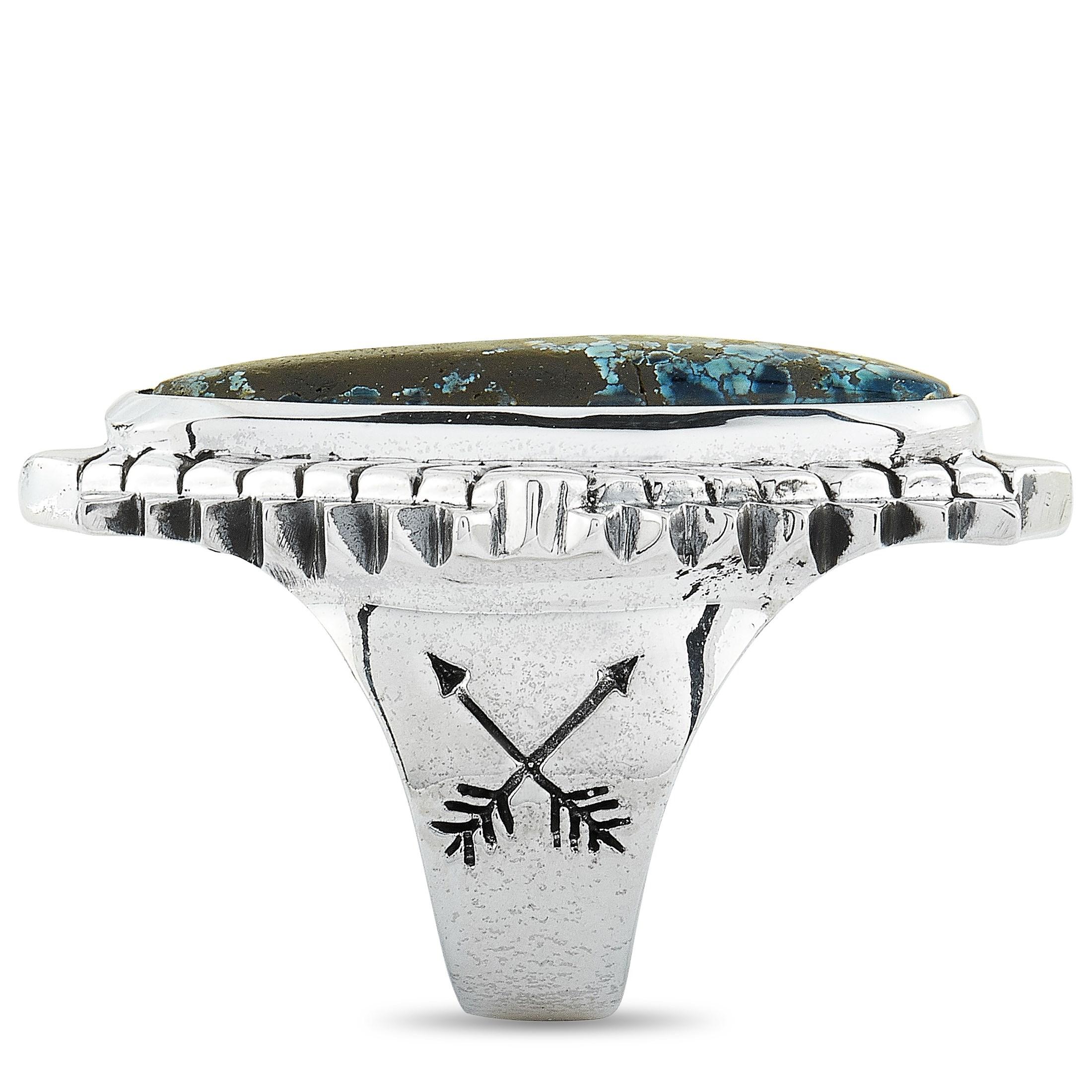 Mixed Cut King Baby Concho Silver and Spotted Turquoise Ring For Sale