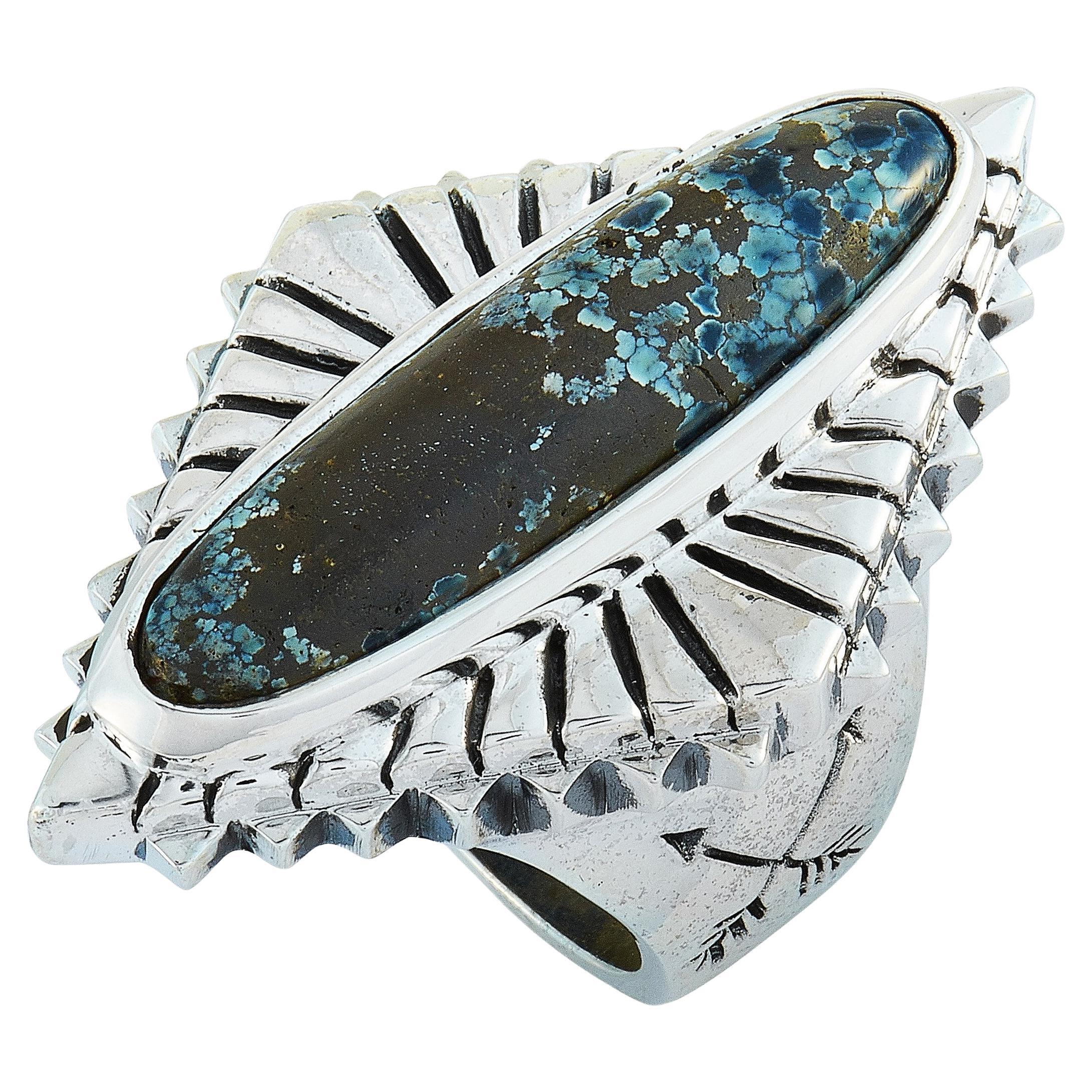 King Baby Concho Silver and Spotted Turquoise Ring For Sale