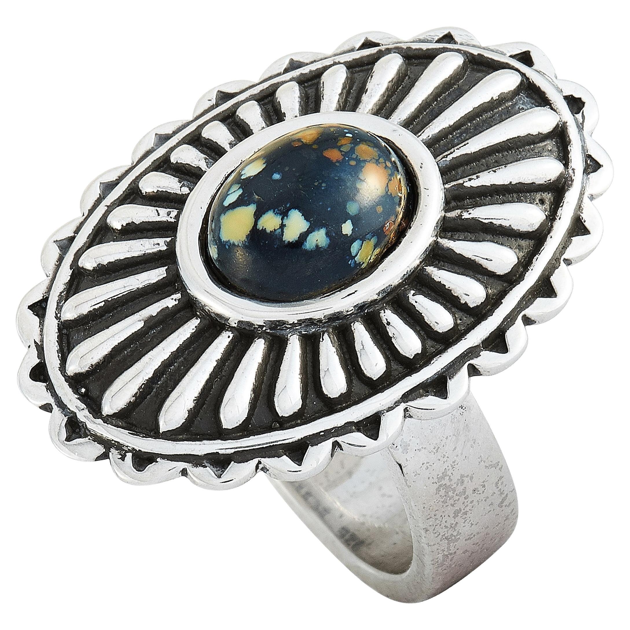 King Baby Large Starburst Concho Silver and Spotted Turquoise Ring For Sale