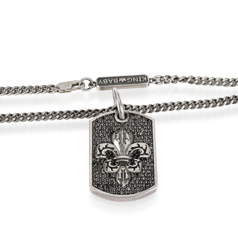 King Baby Pave Black Diamond FleurdeLis Relic Dog Tag Pendant in