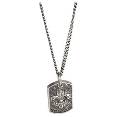 King Baby Pave Black Diamond Fleur-de-Lis Relic Dog Tag Pendant in Silver