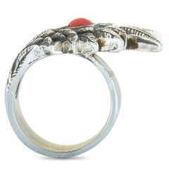 King Baby Raven Wing Sterling Silver and Coral Cabochon Ring