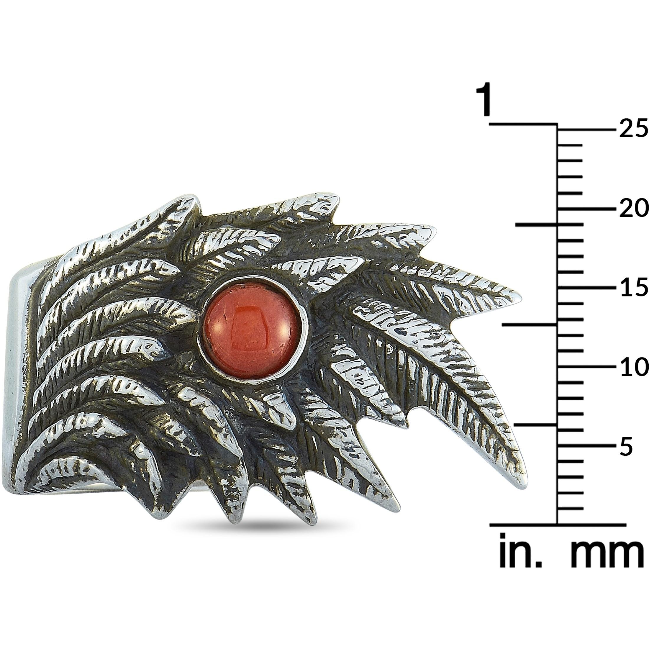 Round Cut King Baby Raven Wing Sterling Silver and Coral Cabochon Ring For Sale